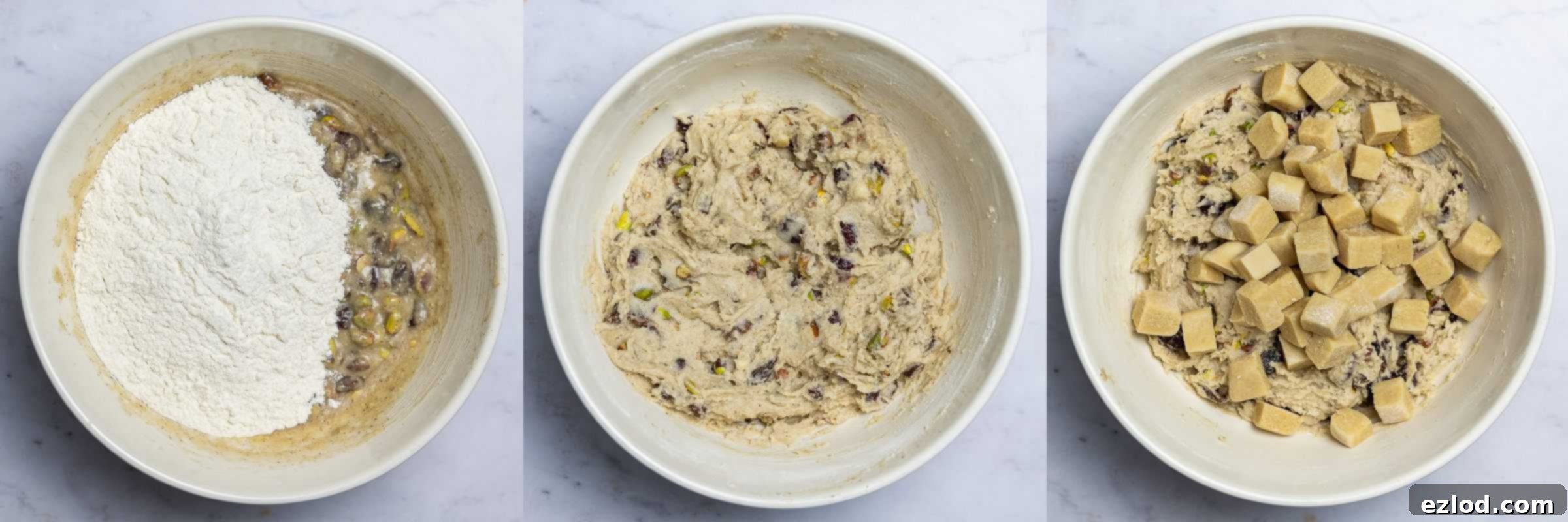 Vegan Stollen Holiday Bars 3 Step-by-step collage showing adding flour and folding in frozen marzipan for vegan stollen bars.