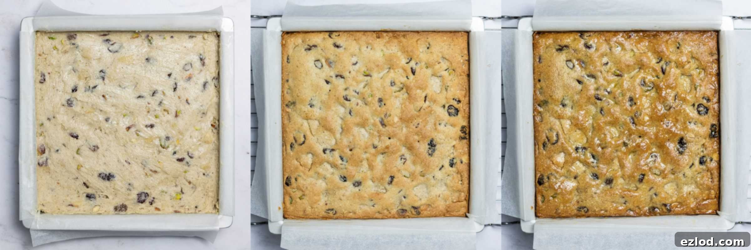 Vegan Stollen Holiday Bars 4 Step-by-step collage showing transferring dough to tin, baking, and brushing warm stollen with melted butter.