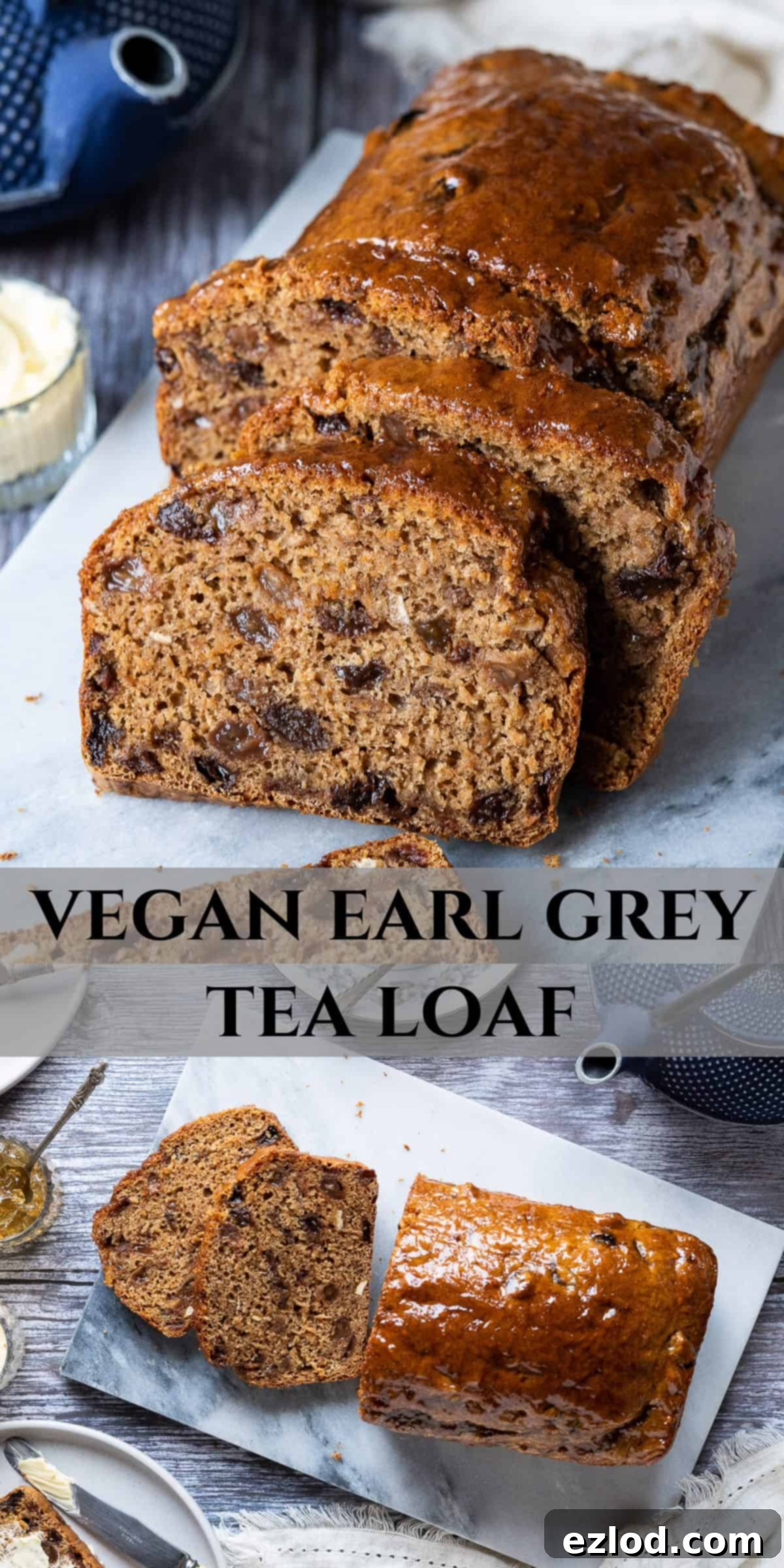 Vegan Earl Grey Tea Loaf Recipe: Easy, fat-free, fruity, eggless, dairy-free, and perfect for British baking. #veganbaking #vegancake #eggless #loafcake Pinterest collage image featuring the vegan Earl Grey tea loaf in various stages and settings.
