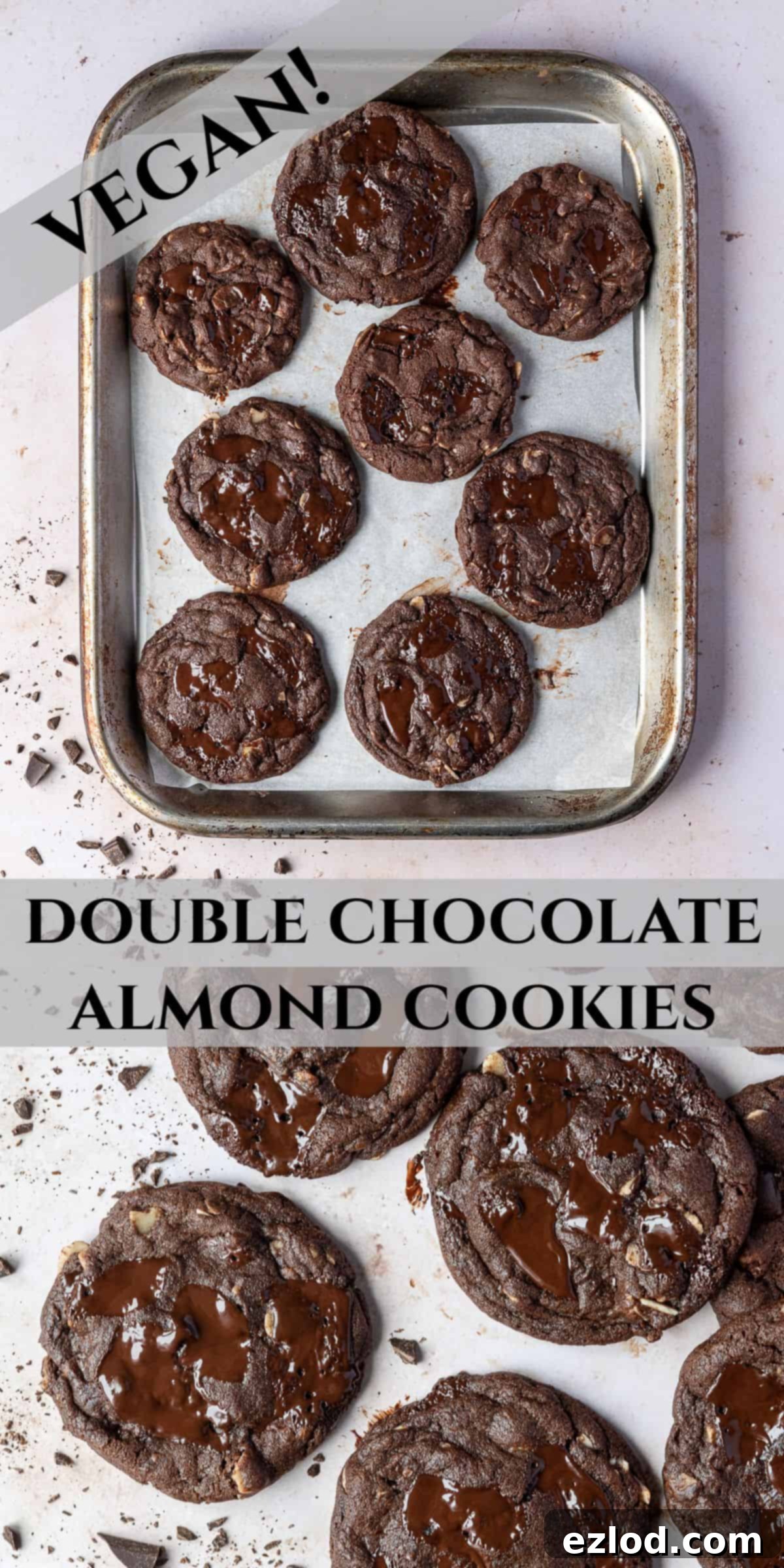 Vegan double chocolate almond cookies – these rich, intensely chocolatey cookies are easy to make and taste amazing! They are crisp around the edges, gooey in the middle and are filled with chocolate chunks and almonds for an indulgent treat. Pinterest collage image.