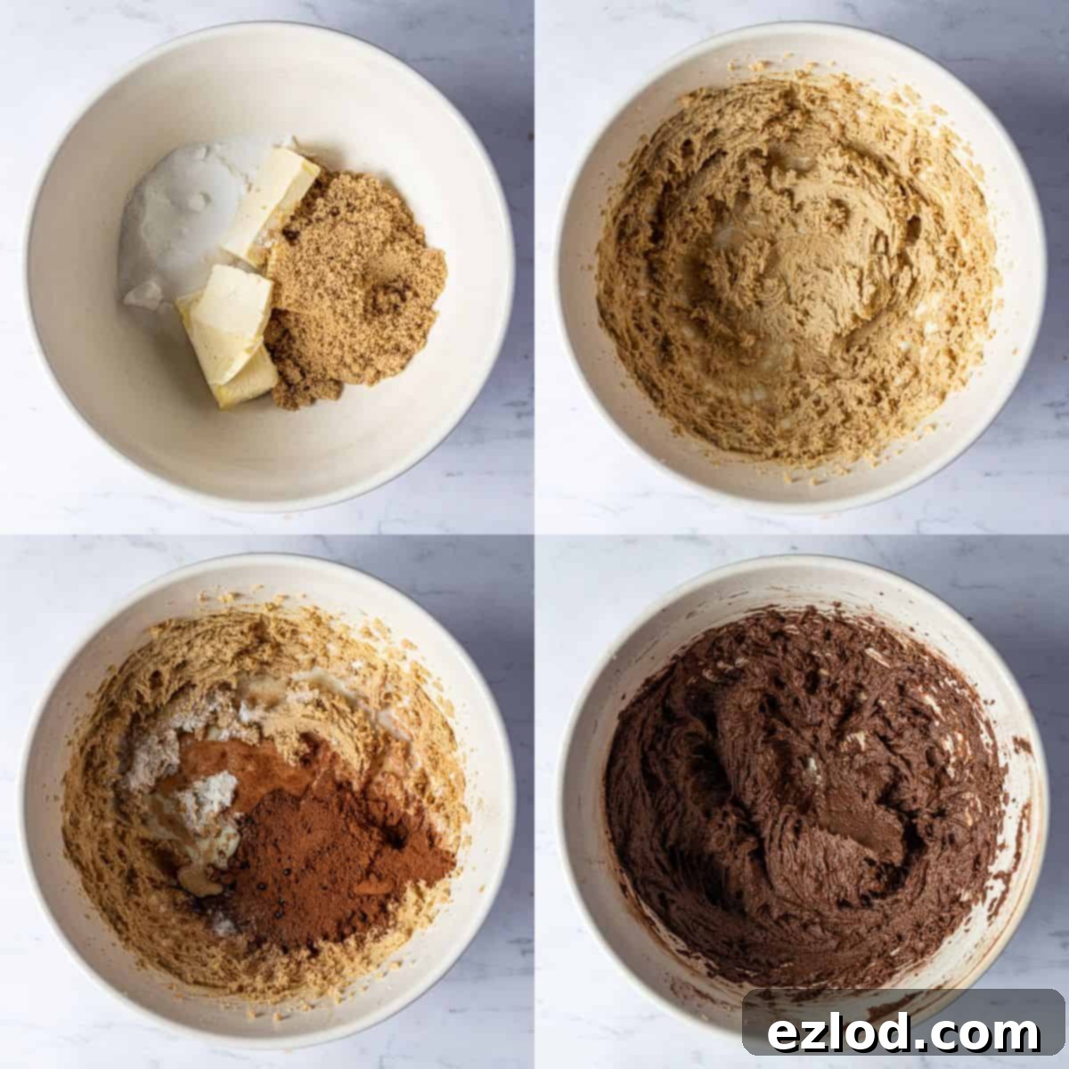 Vegan Double Chocolate Almond Dream 2 Step 1 - a four image collage of whisking together the butter and sugar and adding the cocoa powder.