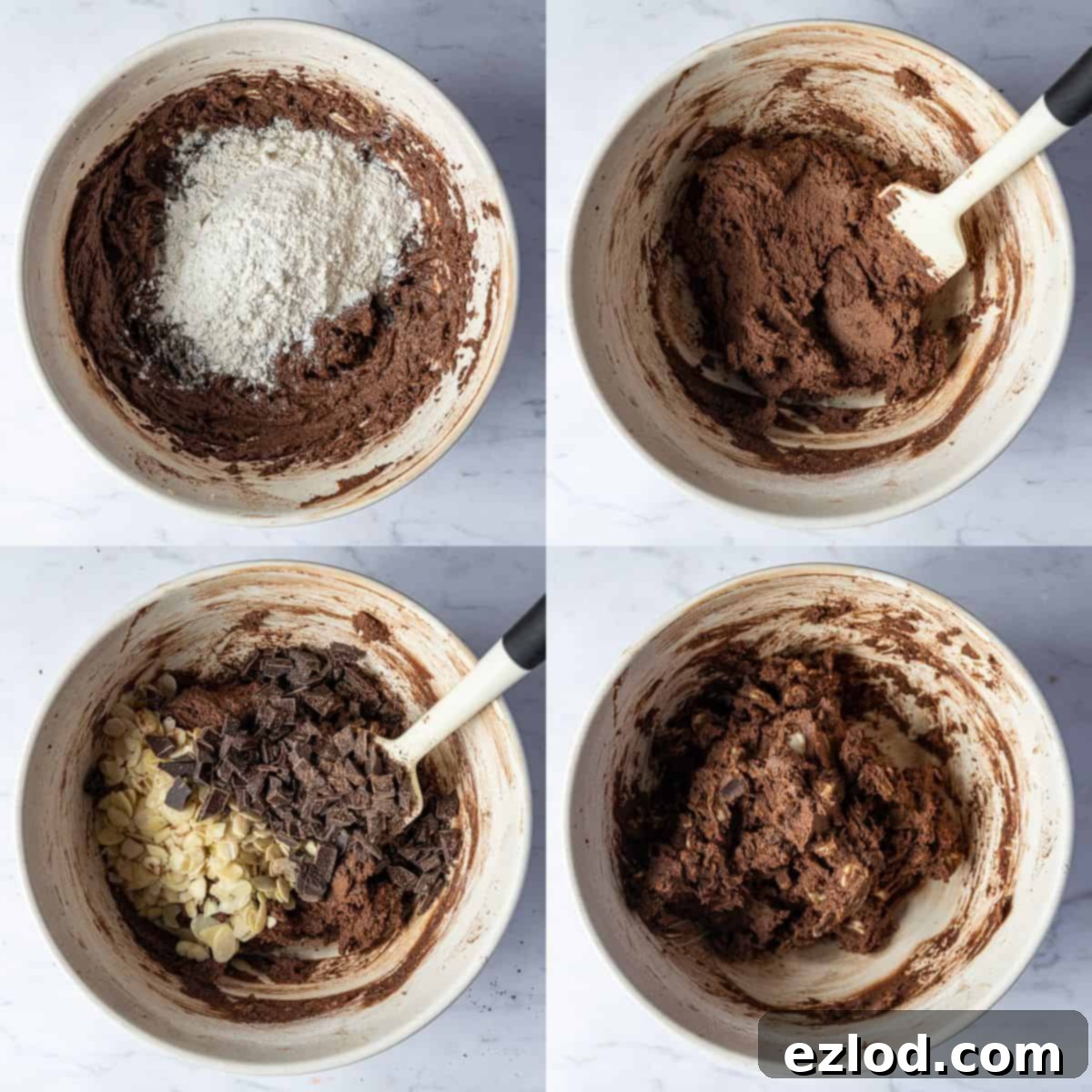 Vegan Double Chocolate Almond Dream 3 Step 2 - a four image collage of adding the flour and the chocolate chips and almonds.