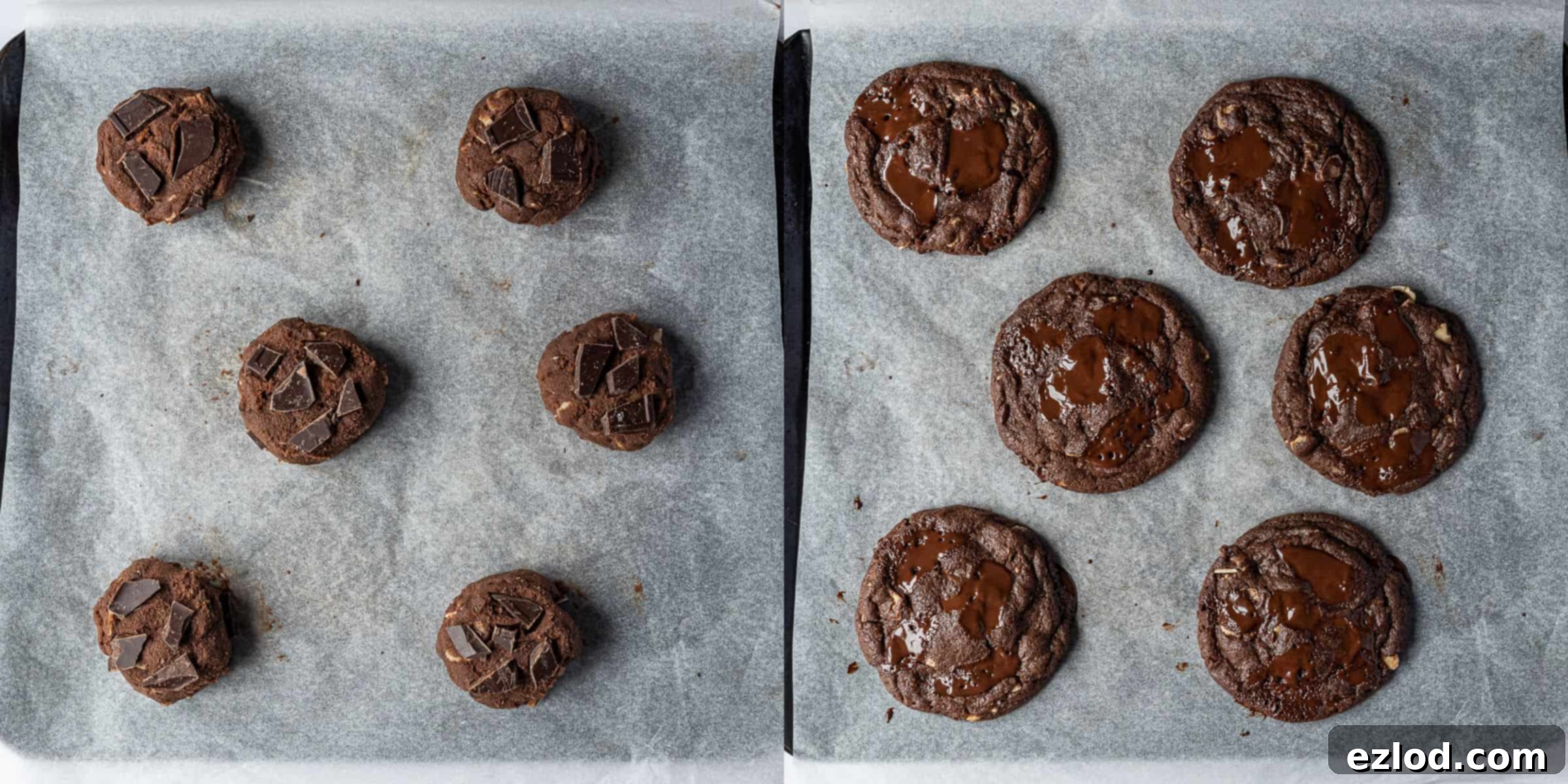 Vegan Double Chocolate Almond Dream 4 Step 3 - a two image collage of the unbaked cookies and the baked cookies.