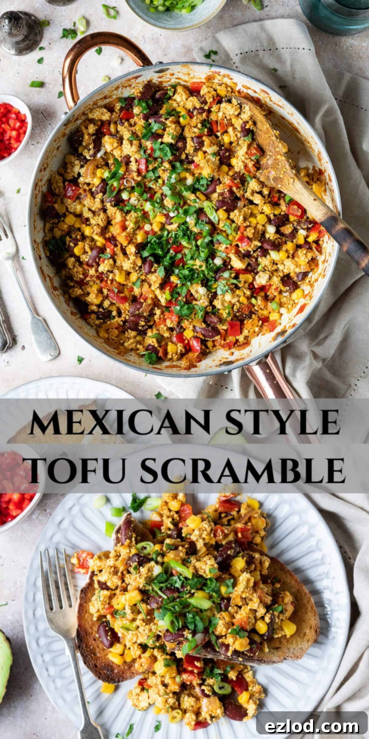 Mexican Style Tofu Scramble Pinterest Pin - Easy, Healthy, Protein-Packed Vegan Breakfast, Lunch, Dinner Recipe #veganrecipes #plantbasedfood A Pinterest collage image featuring two appetizing photos of Mexican style tofu scramble. The top image shows the scramble in a white frying pan, garnished with fresh herbs, surrounded by toast, avocado, and chili. The bottom image shows the scramble served on toast, with a fork, avocado, and garnishes. The collage title text is 'Mexican Style Tofu Scramble - Easy Vegan Spicy Tofu Scramble - Healthy Meal - Protein, Veggies, Flavour - Breakfast, Lunch, Dinner - #veganbreakfast #veganmeal #plantbased'.