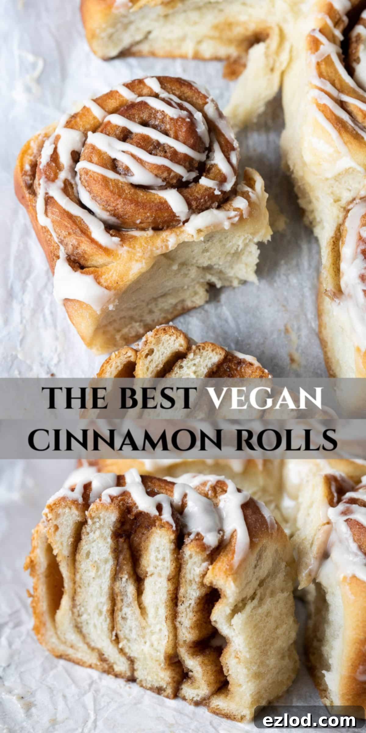 Vegan cinnamon rolls - these delicious cinnamon rolls are made using the tangzhong method which makes them incredibly soft, fluffy, squishy and moreish. Eggless and dairy-free. #veganbread #veganbaking #eggless #dairyfree Pinterest collage image featuring multiple vegan cinnamon rolls, highlighting their delicious appearance.
