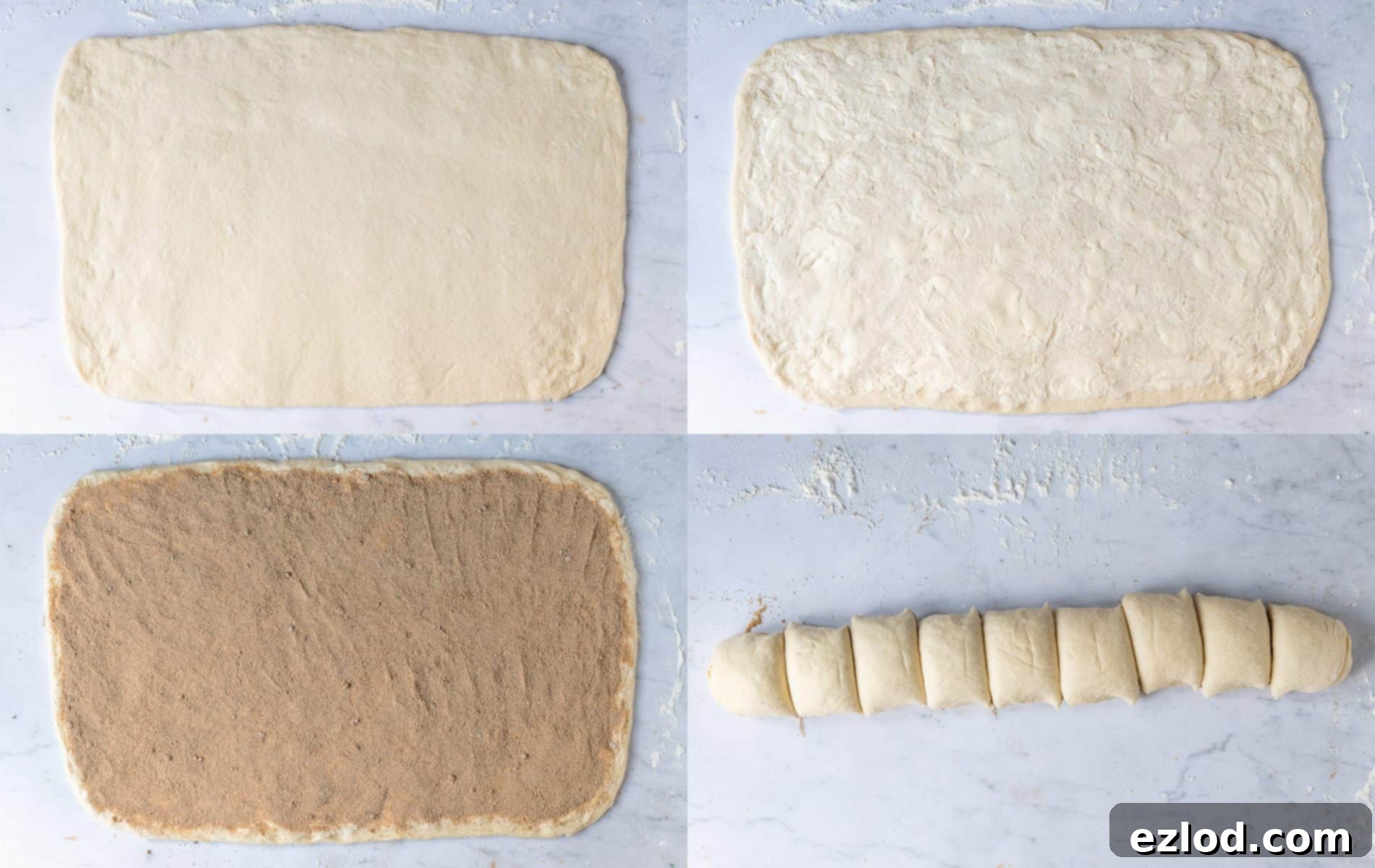 Fluffy Vegan Tangzhong Cinnamon Rolls 4 Step 4 - a four image collage demonstrating rolling out the dough, adding the filling, and slicing it into rounds.