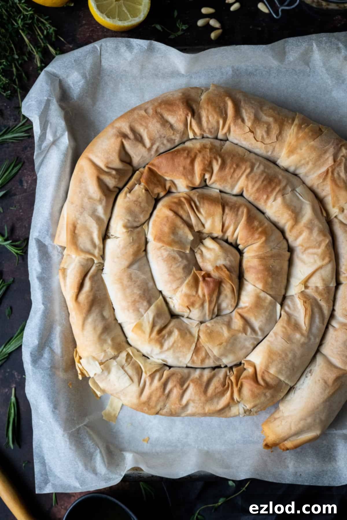 Vegan butternut squash and feta phyllo pie - this impressive vegan spiral pie is easier to make than it looks and tastes amazing! Roasted butternut squash is paired with tangy vegan almond feta cheese, herbs and a touch of chilli, all wrapped up in crisp filo pastry. #veganpie #veganbaking #veganmeal Close up of the spiral shaped pie.