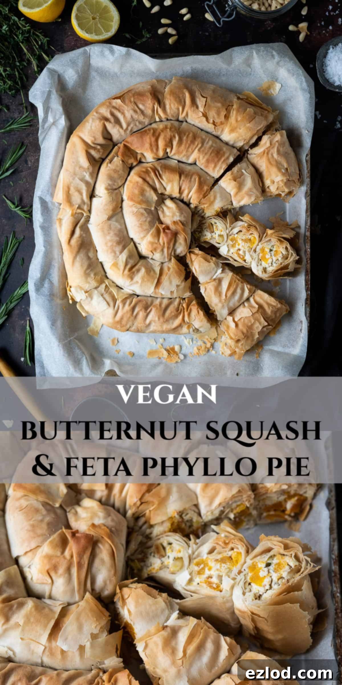Vegan butternut squash and feta phyllo pie - this impressive vegan spiral pie is easier to make than it looks and tastes amazing! Roasted butternut squash is paired with tangy vegan almond feta cheese, herbs and a touch of chilli, all wrapped up in crisp filo pastry. #veganpie #veganbaking #veganmeal Pinterest collage image.