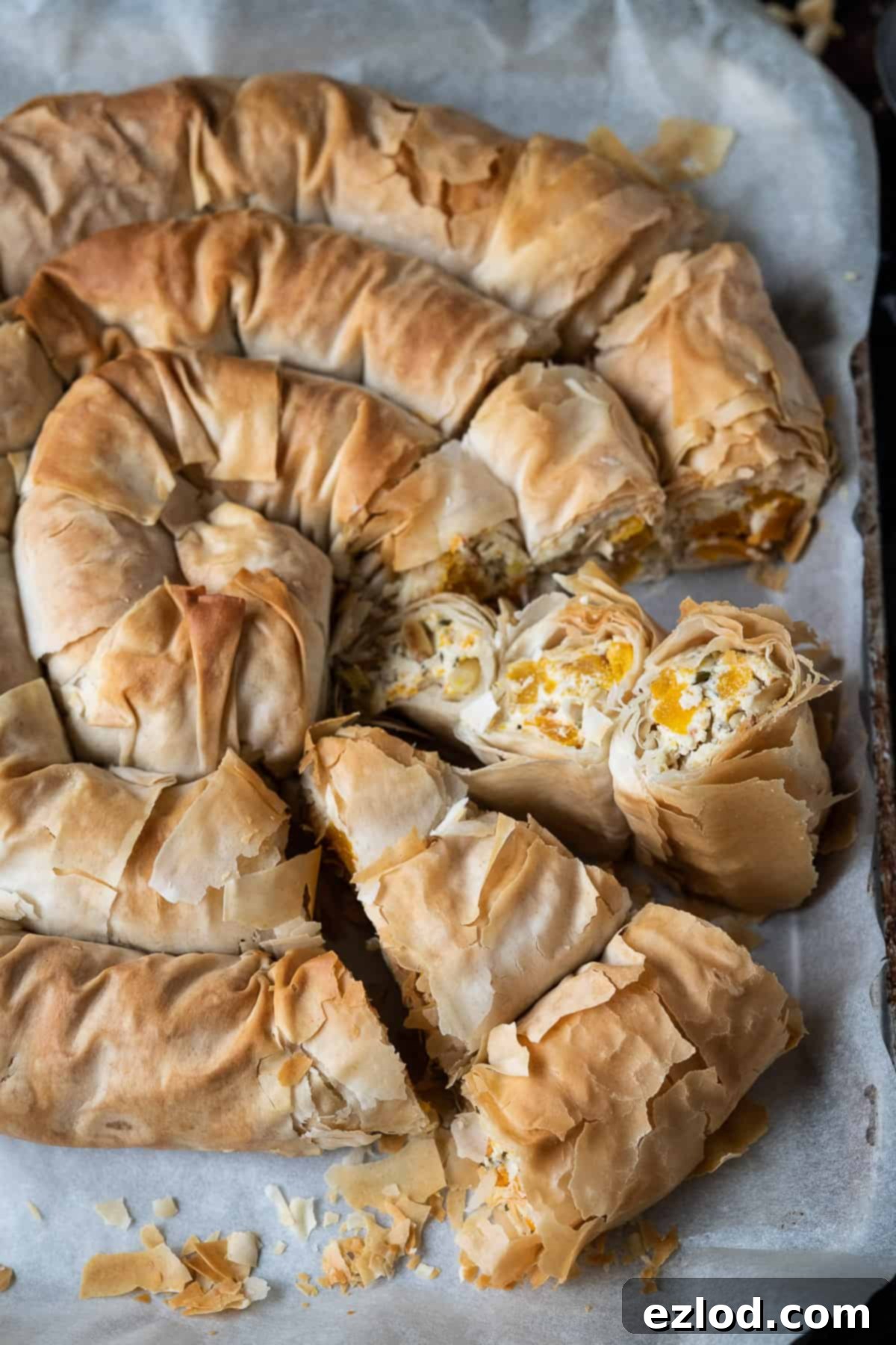 Vegan butternut squash and feta phyllo pie - this impressive vegan spiral pie is easier to make than it looks and tastes amazing! Roasted butternut squash is paired with tangy vegan almond feta cheese, herbs and a touch of chilli, all wrapped up in crisp filo pastry. #veganpie #veganbaking #veganmeal Close up of sliced vegan butternut squash feta filo pie on a sheet of white baking parchment.