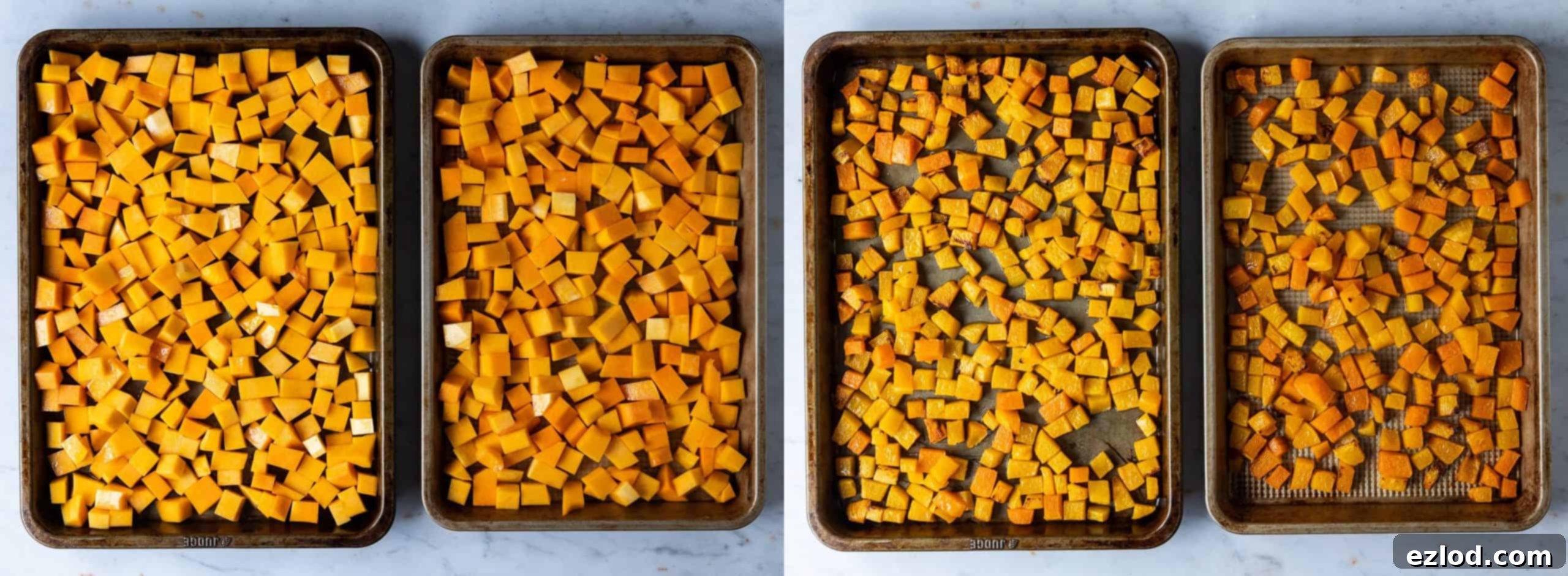 Flaky Vegan Butternut Squash Feta Bake 3 Step 2 - a two image collage of roasting the cubed butternut squash.