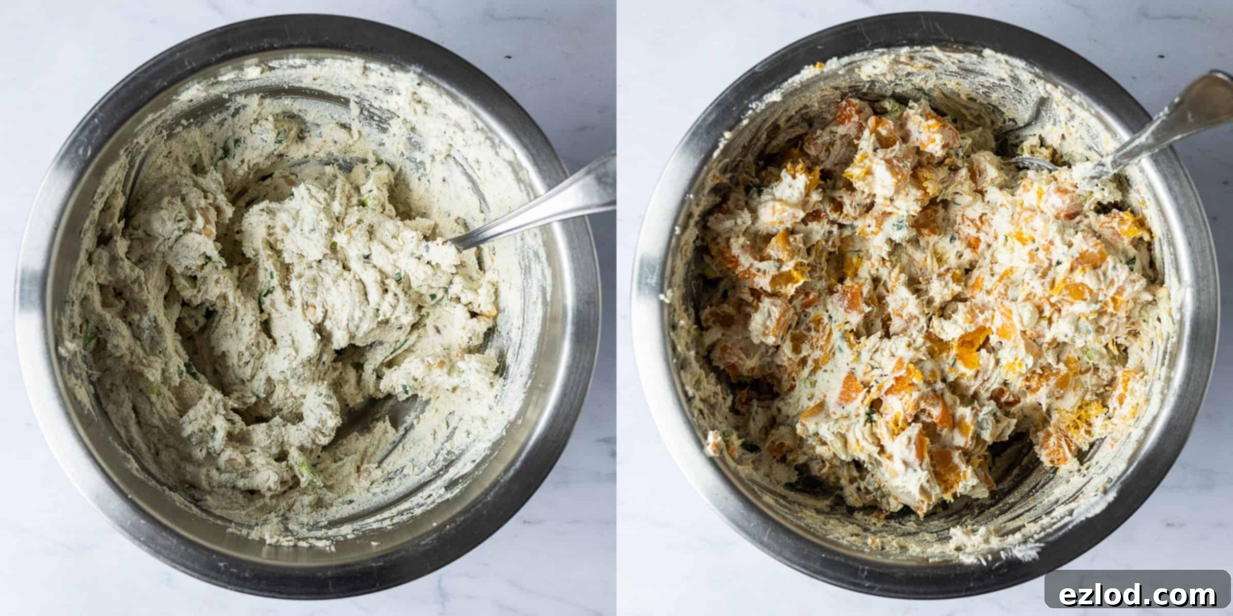 Flaky Vegan Butternut Squash Feta Bake 4 Step 3 - a two image collage of mixing the herbs and cheese and adding the butternut squash.