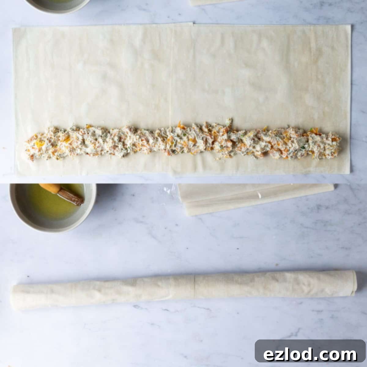 Flaky Vegan Butternut Squash Feta Bake 6 Step 5 - a two image collage of adding the filling and rolling up the pastry.