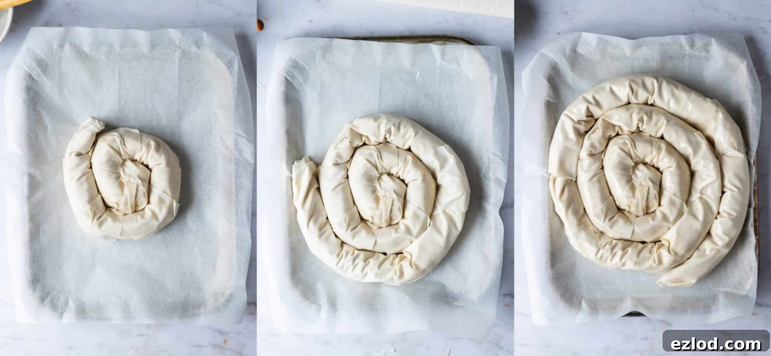 Flaky Vegan Butternut Squash Feta Bake 7 Step 6 - a three image collage of shaping the spiral pie.