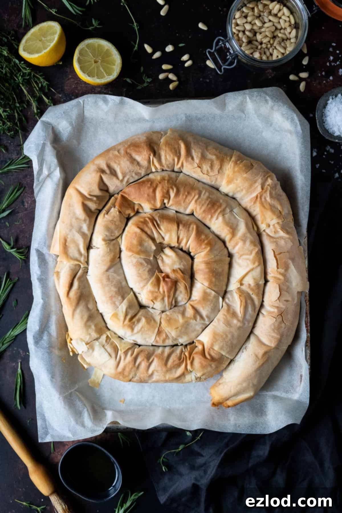 Vegan butternut squash and feta phyllo pie - this impressive vegan spiral pie is easier to make than it looks and tastes amazing! Roasted butternut squash is paired with tangy vegan almond feta cheese, herbs and a touch of chilli, all wrapped up in crisp filo pastry. #veganpie #veganbaking #veganmeal Vegan butternut squash and feta spiral pie on a baking parchment lined baking sheet on a dark background surrounded by fresh herbs, a jar of pine nuts, a halved lemon, pastry brush and bowl of olive oil.