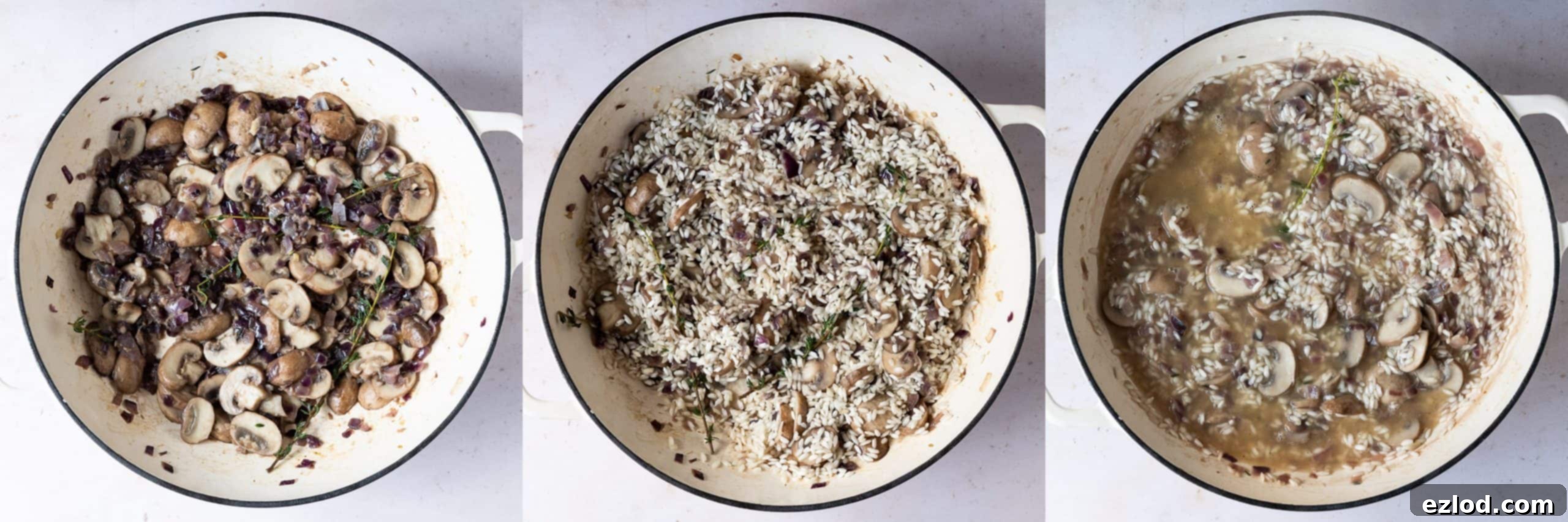 Decadent Vegan Truffle Mushroom Risotto 2 A three-image collage showing the initial steps of making vegan mushroom risotto: frying onions and mushrooms, adding risotto rice to toast, and pouring in white wine.