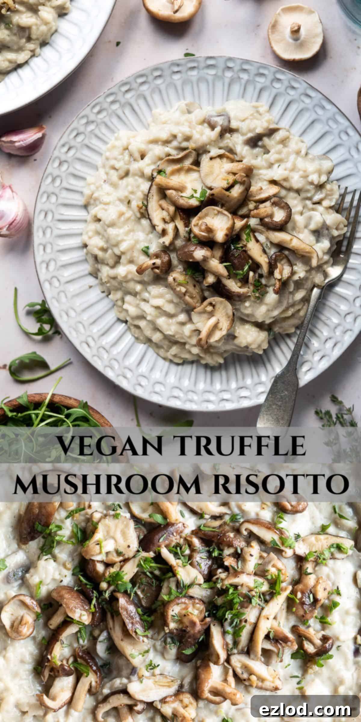 Pin this vegan mushroom risotto with truffle oil recipe! It's a creamy, flavorful, and impressive plant-based meal, topped with garlic butter shiitake mushrooms. #veganrecipe #plantbasedfood #trufflelover #mushroomrecipes #dairyfreecooking A Pinterest-friendly collage image showcasing different aspects of the vegan mushroom risotto recipe, including the finished dish, ingredients, and cooking steps.