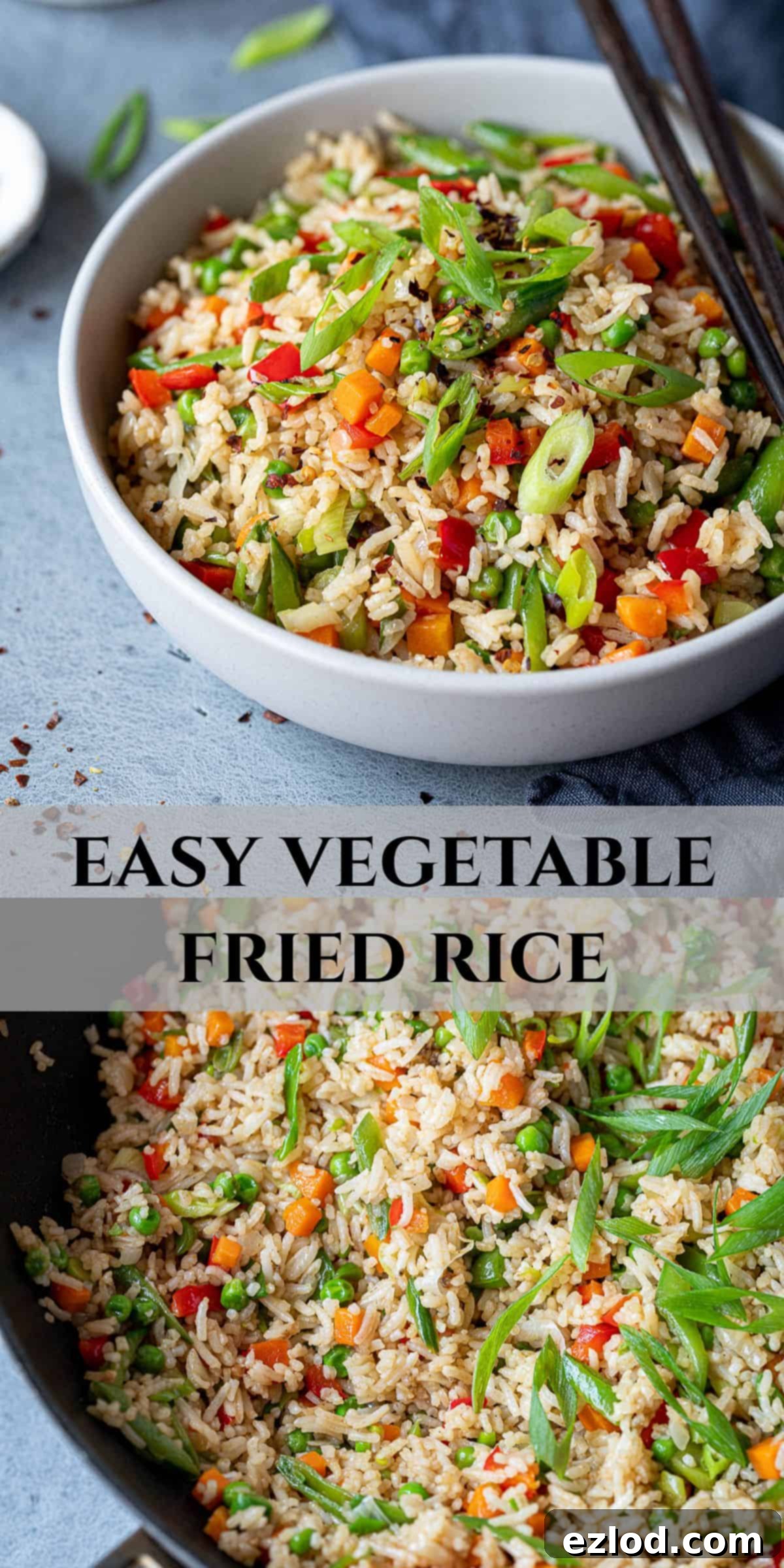 Vegan Vegetable Fried Rice recipe collage for Pinterest. Pinterest collage image featuring multiple views of vegetable fried rice.