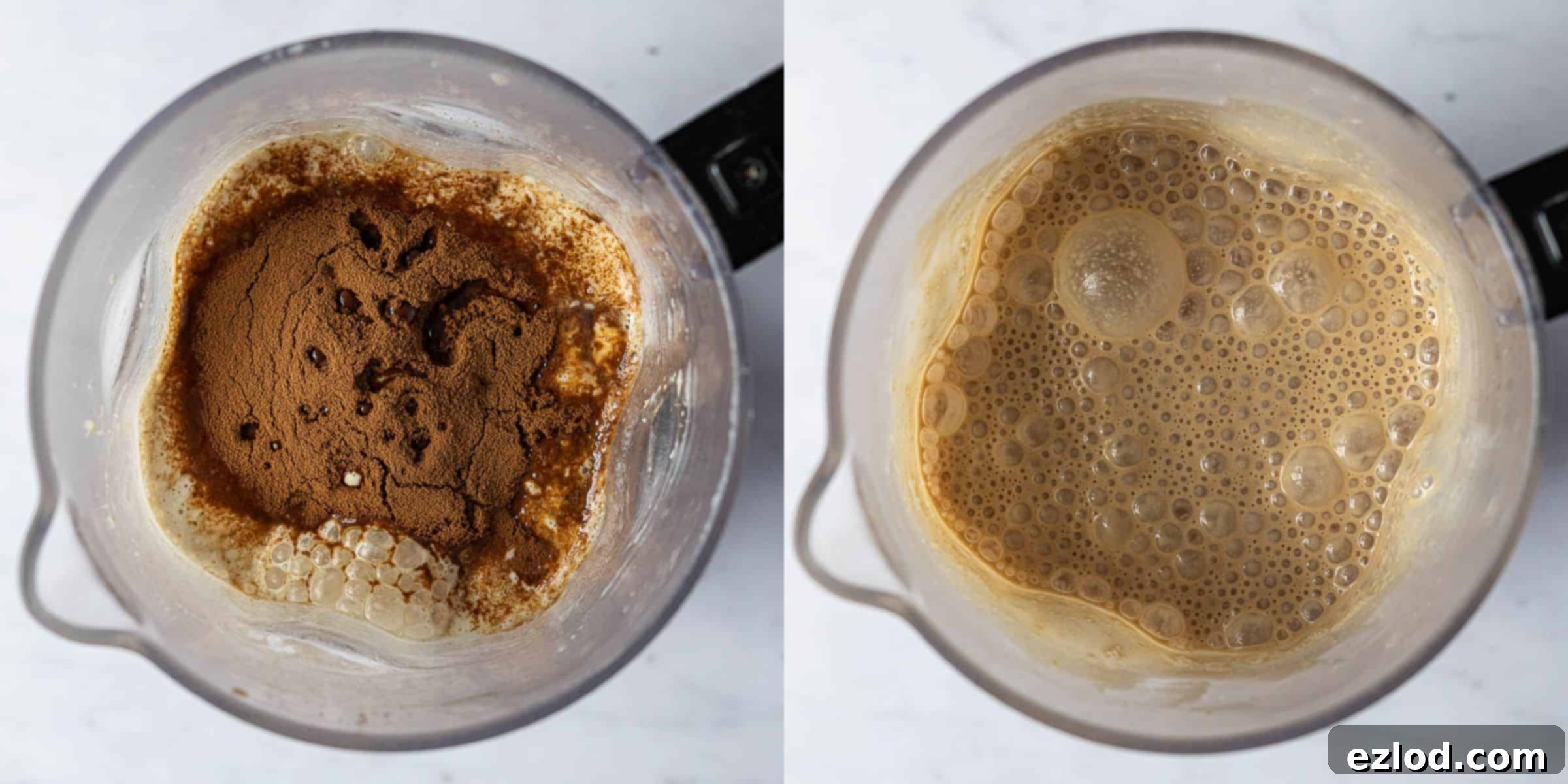 Vegan Mocha Marble Indulgence 4 Step 3, a two image collage of adding all the ingredients to the blender and the blended ice cream base.