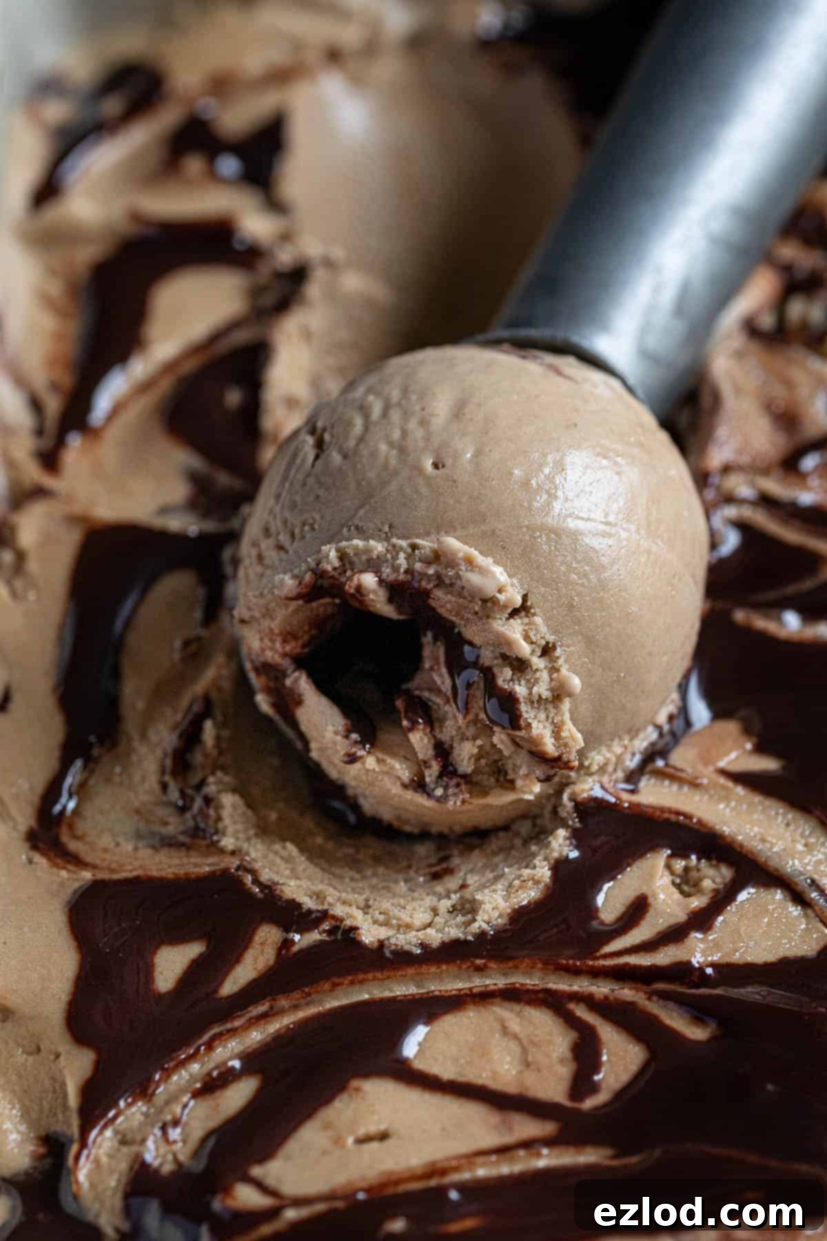 A close-up of a perfect scoop of vegan coffee ice cream, showing its smooth texture and rich color, made with oats and cashews for ultimate creaminess. Close up of a scoop of coffee ice cream.