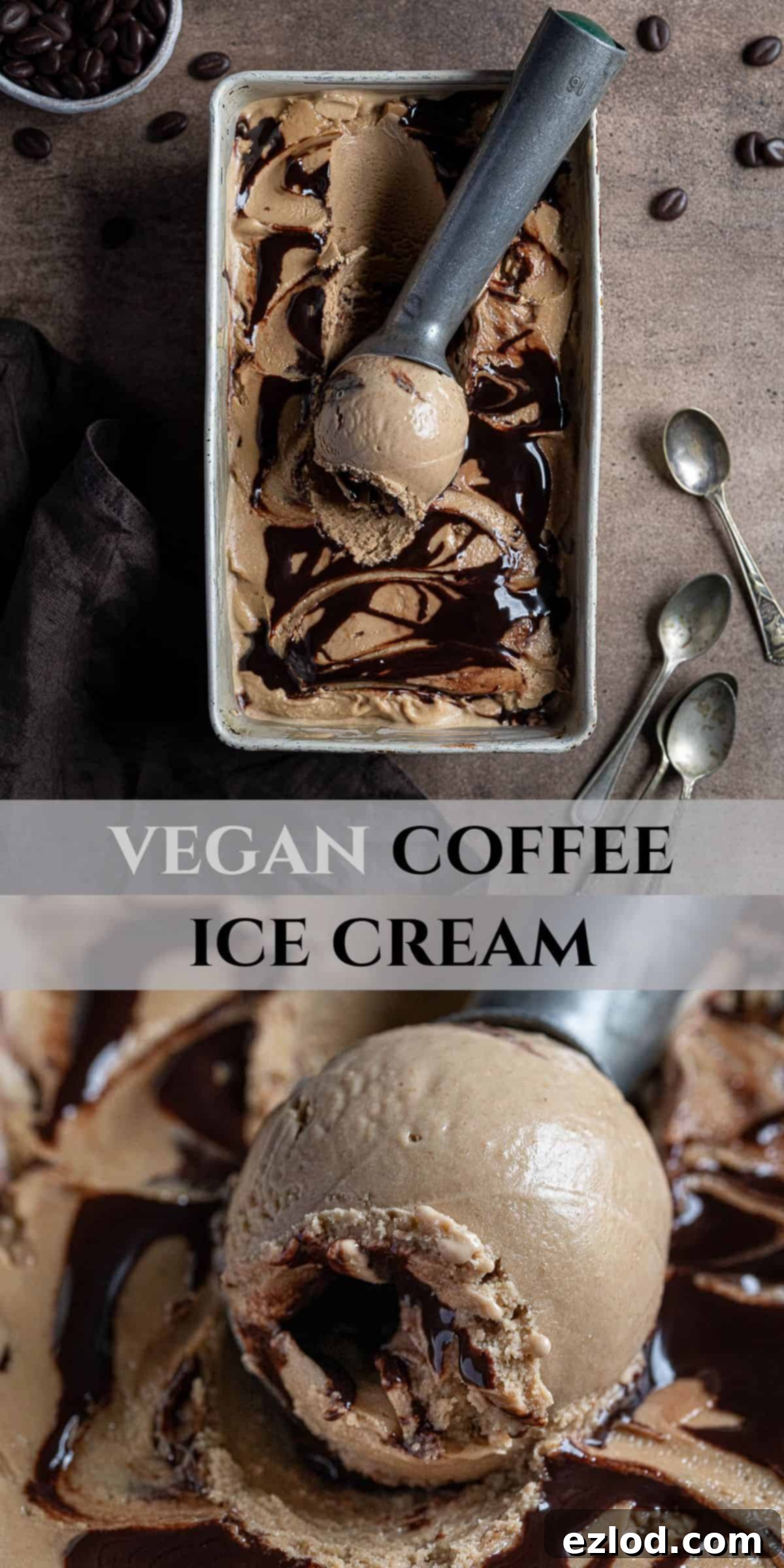 Pin this recipe for delicious, creamy vegan coffee ice cream with a chocolate fudge swirl – no coconut needed! Made with oats for a wonderfully smooth texture. Pinterest collage image for Vegan Coffee Ice Cream.
