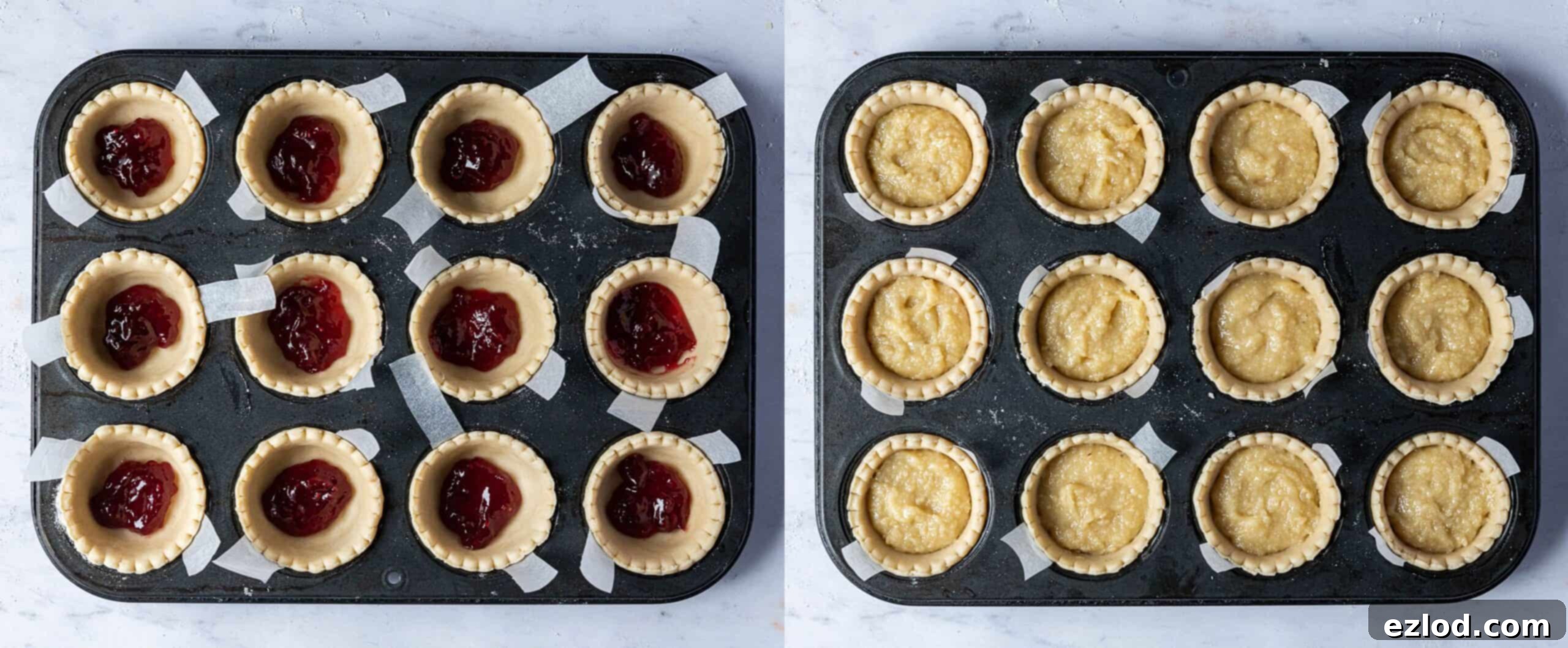 Irresistible Vegan Cherry Bakewells 8 A two image collage of filling the pastry cases with jam and frangipane.