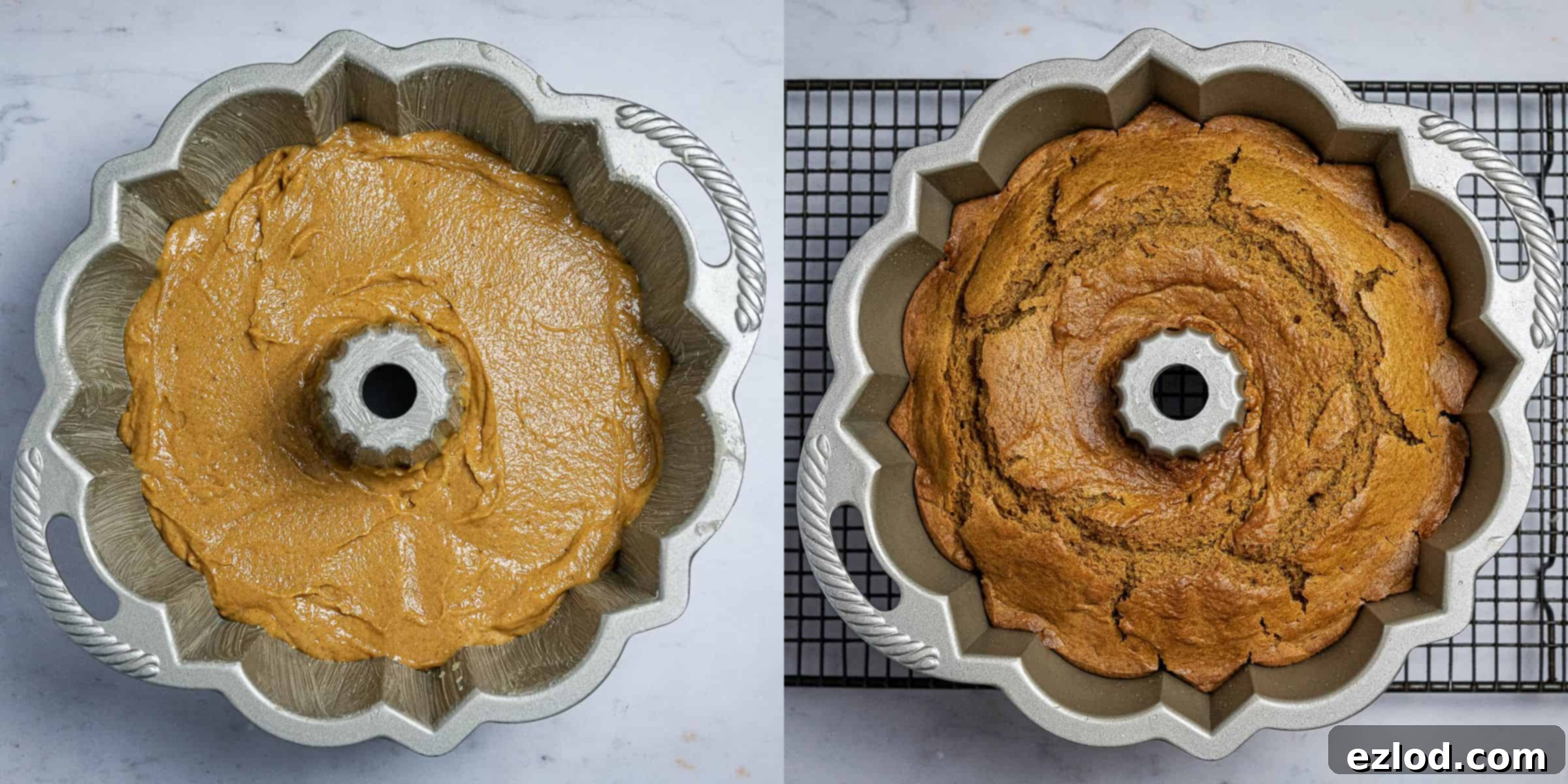 Cozy Vegan Pumpkin Bundt Delight 5 A two-image collage showing the vegan pumpkin bundt cake: one image of the batter in the tin before baking, and another of the golden-brown cake after baking, perfectly risen.