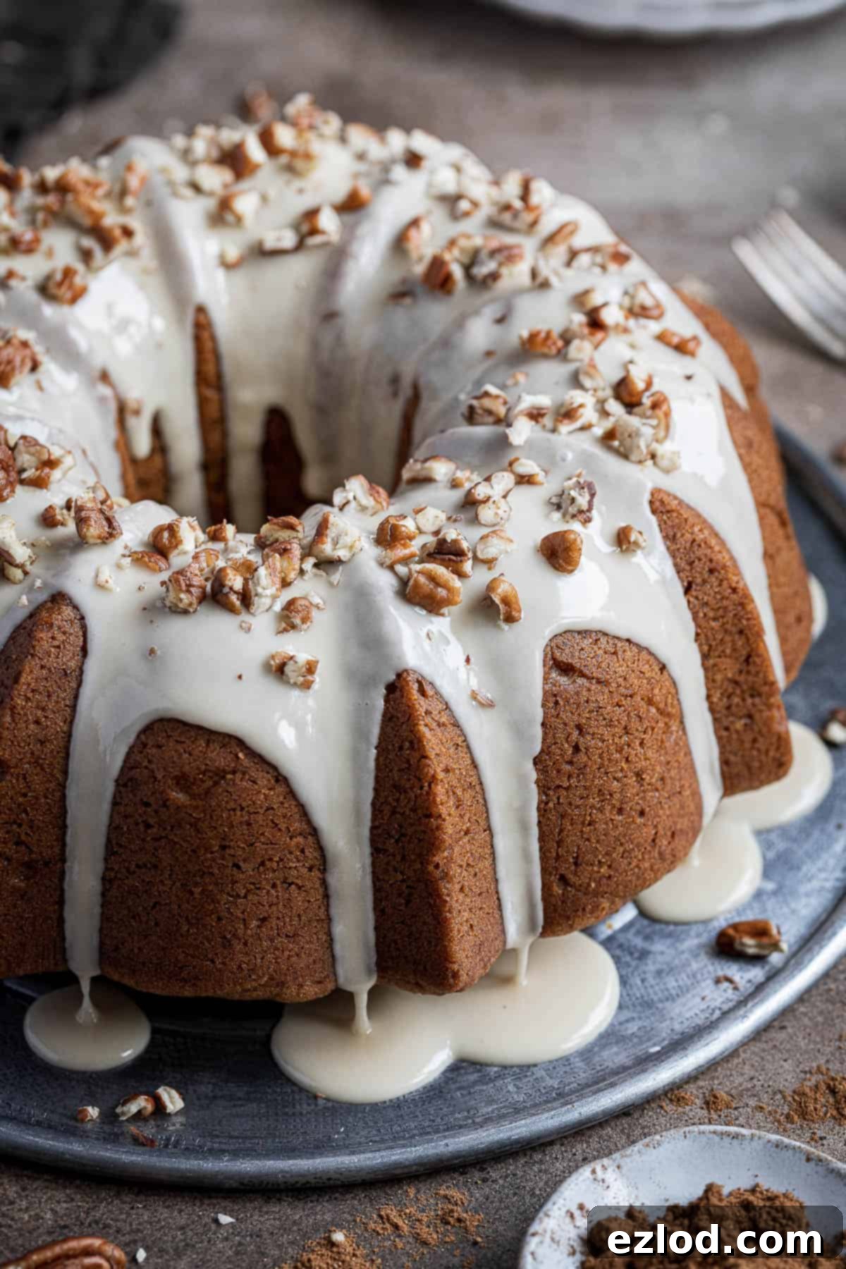 Cozy Vegan Pumpkin Bundt Delight 8 Close-up of a rustic metal plate holding the finished vegan pumpkin bundt cake, highlighting its golden exterior and intricate shape, ready for serving.
