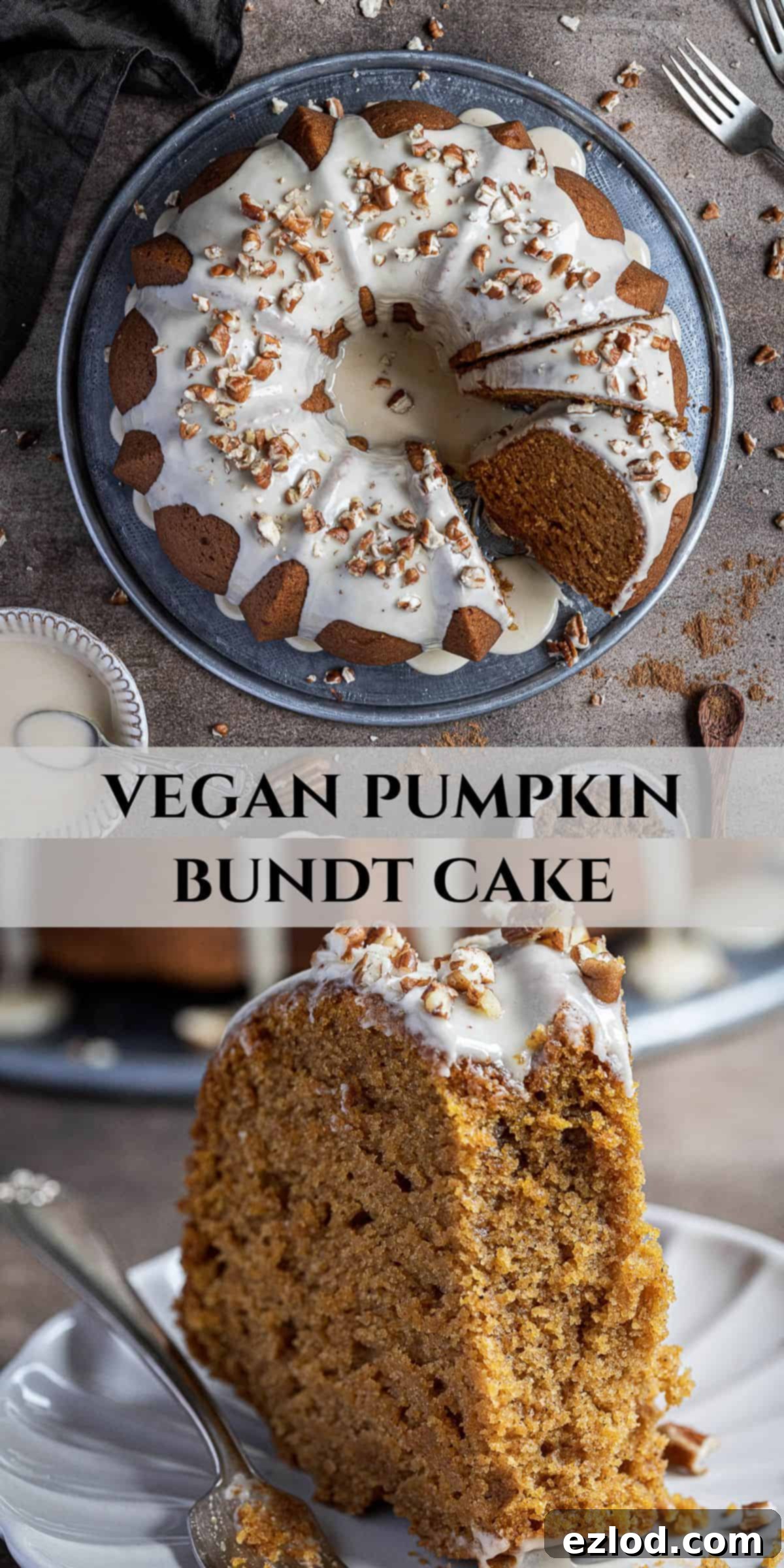 Cozy Vegan Pumpkin Bundt Delight 10 Pinterest collage image featuring multiple angles of the vegan pumpkin bundt cake, highlighting its beauty and deliciousness.