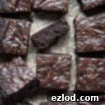 Seriously Fudgy Plant-Powered Brownies 12 Close up of fudgy vegan brownies, one on it's side, showing a rich chocolate texture.