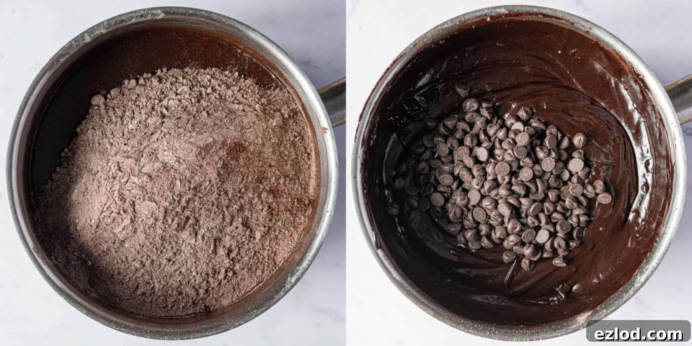 Seriously Fudgy Plant-Powered Brownies 8 Step 4: A two-image collage illustrating the incorporation of dry ingredients into the wet mixture, followed by gently stirring in chocolate chips.