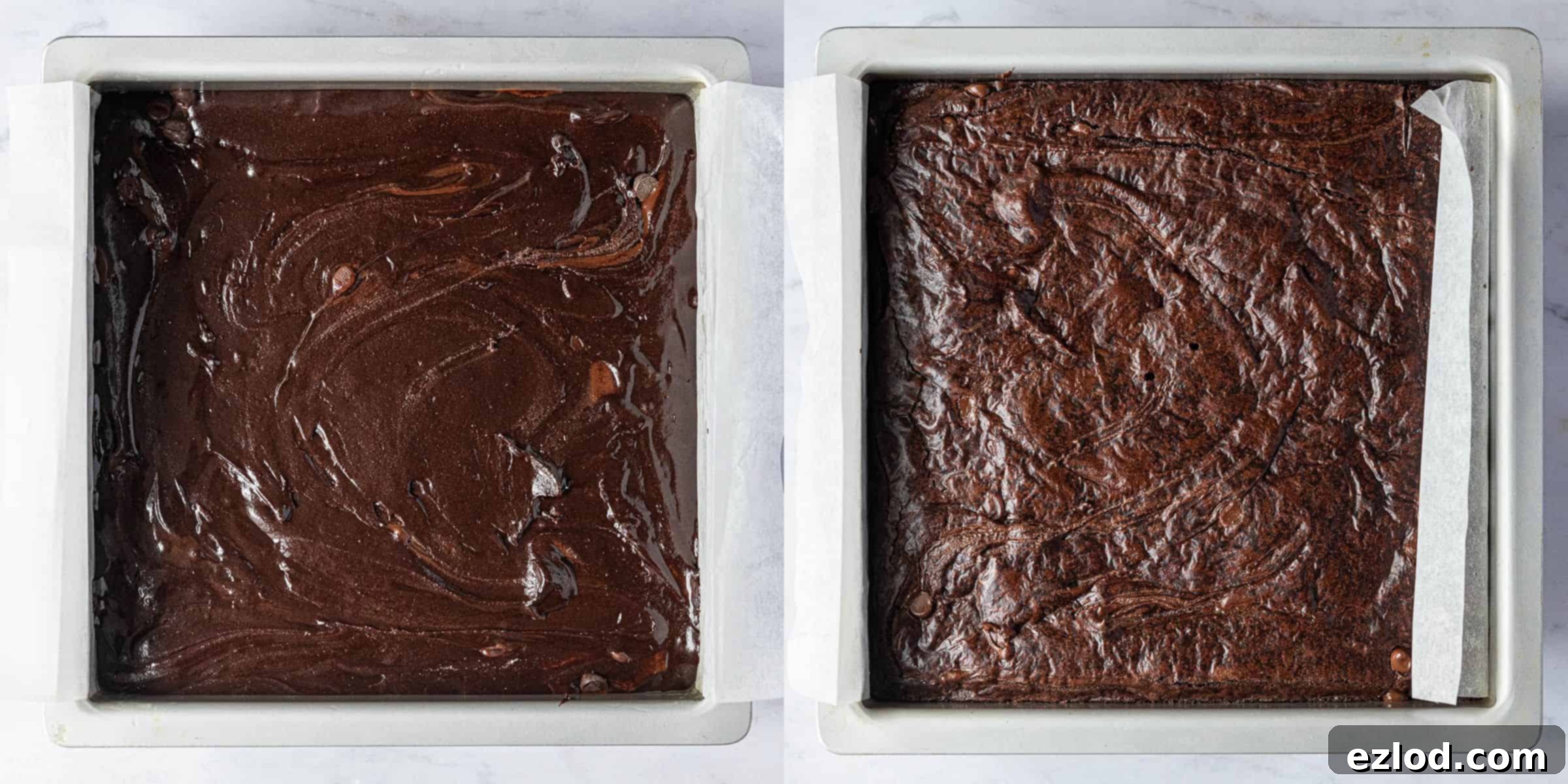 Seriously Fudgy Plant-Powered Brownies 9 Step 5: A two-image collage depicting the brownie batter in the tin before baking and the beautifully baked fudgy vegan brownies after.