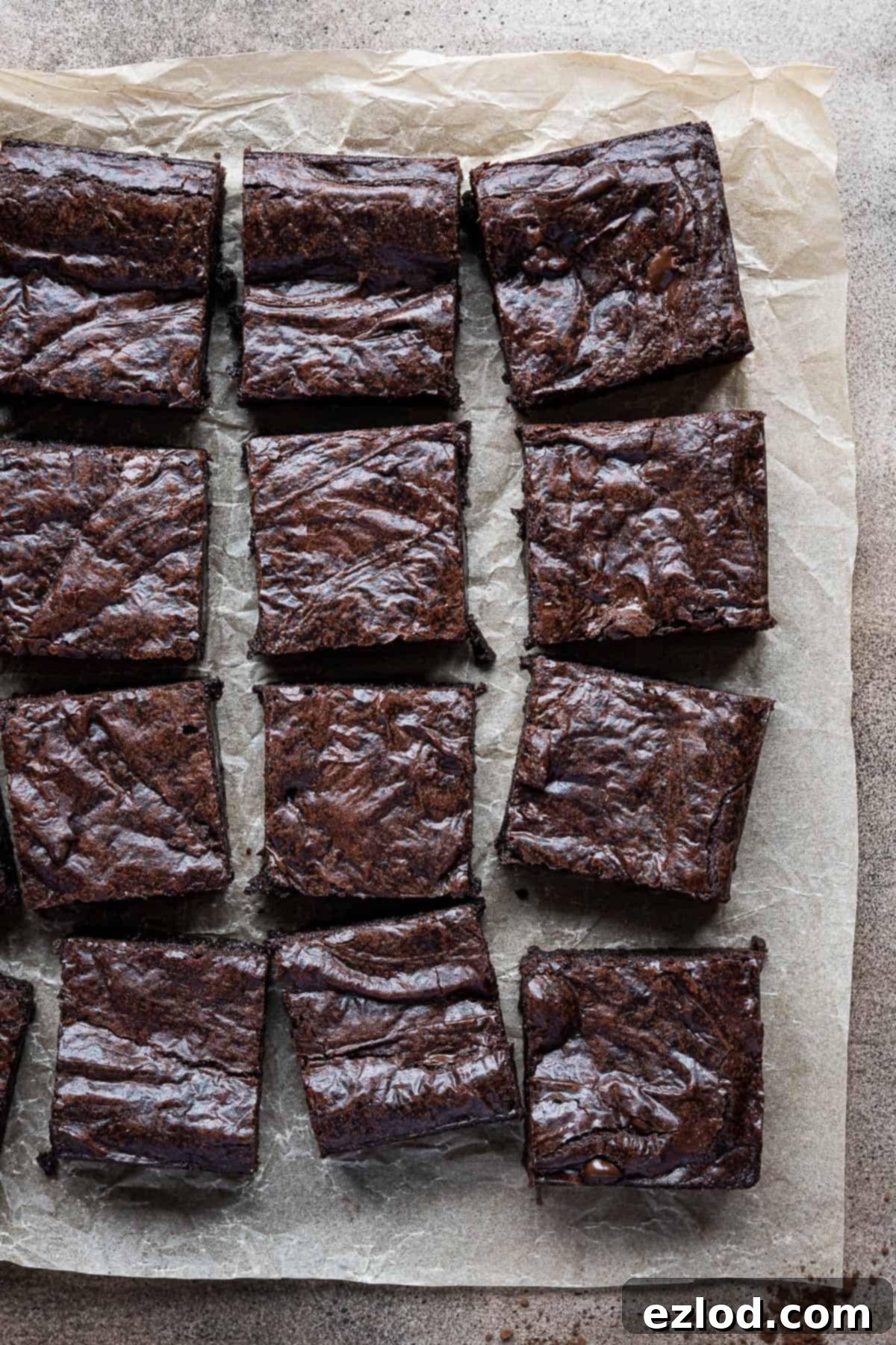 Seriously Fudgy Plant-Powered Brownies 10 Fudgy vegan brownies cooling on a sheet of baking parchment, showcasing their dark, rich appearance.