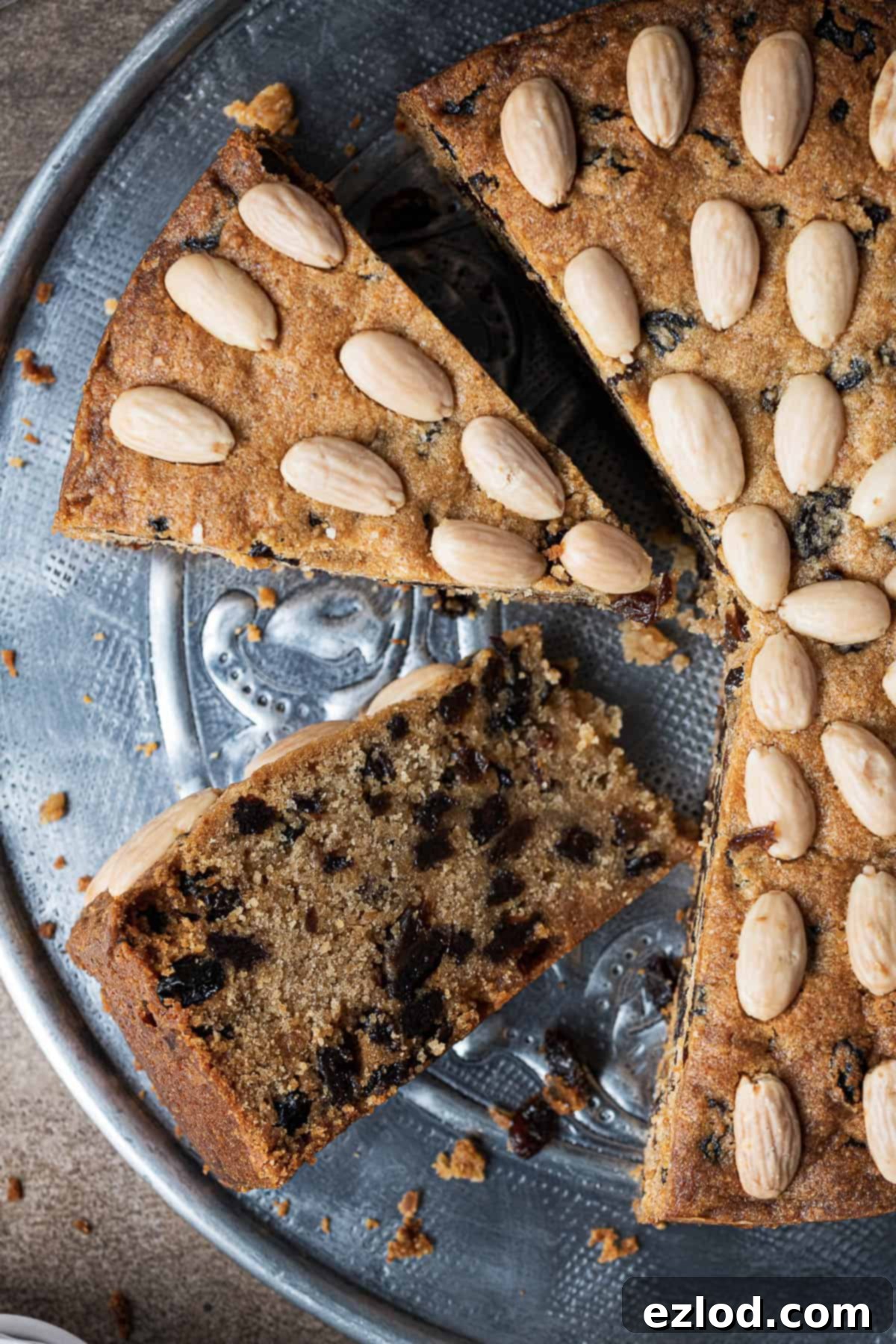 Plant-Based Dundee Cake 4 Close up of a slice of vegan Dundee cake.
