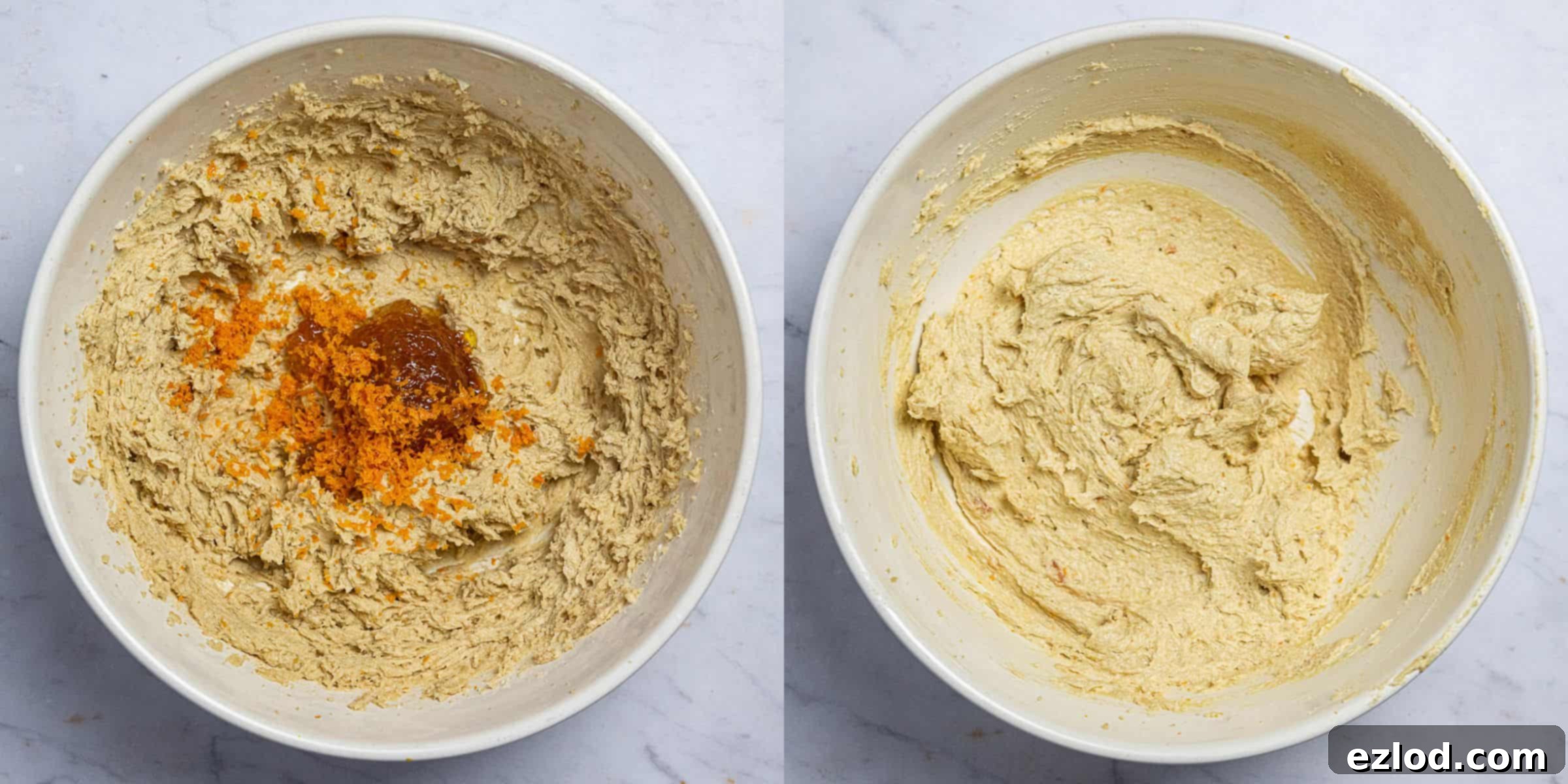 Plant-Based Dundee Cake 6 Step 2, a two image collage of whisking in the marmarmalade and orange zest.