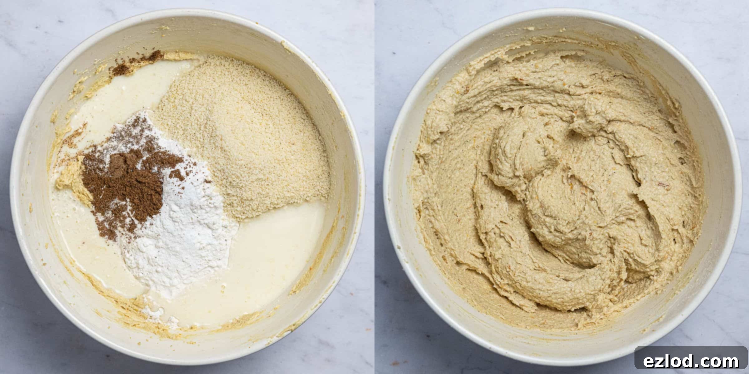 Plant-Based Dundee Cake 7 Step 3, a two image collage of mixing in the dry ingredients.