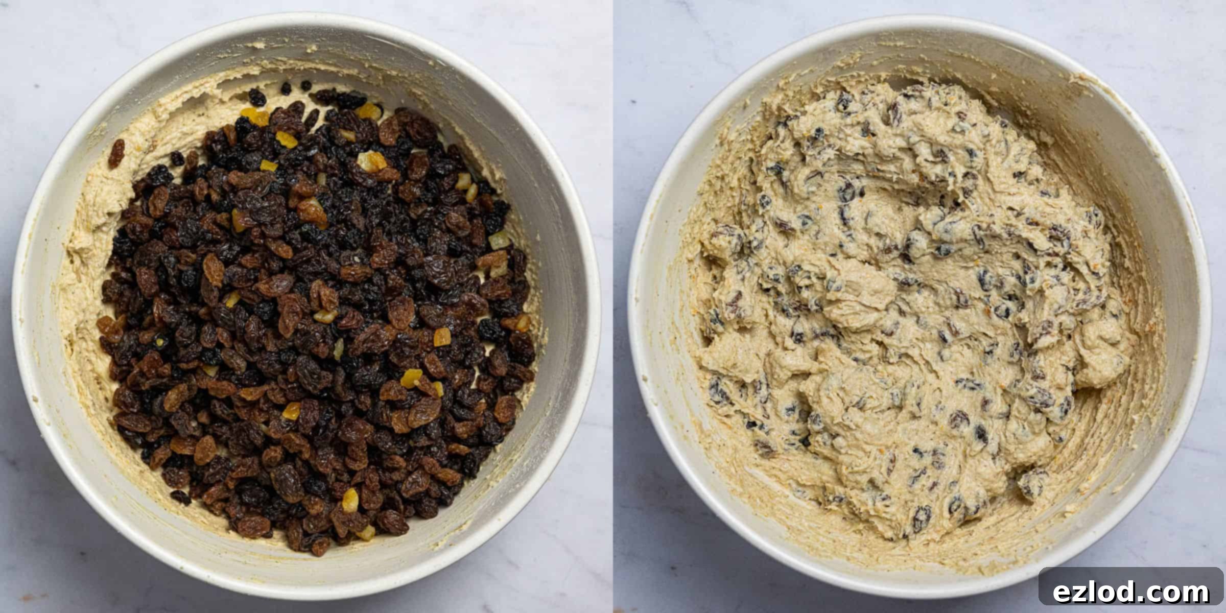 Plant-Based Dundee Cake 8 Step 4, a two image collage of mixing in the dried fruit.