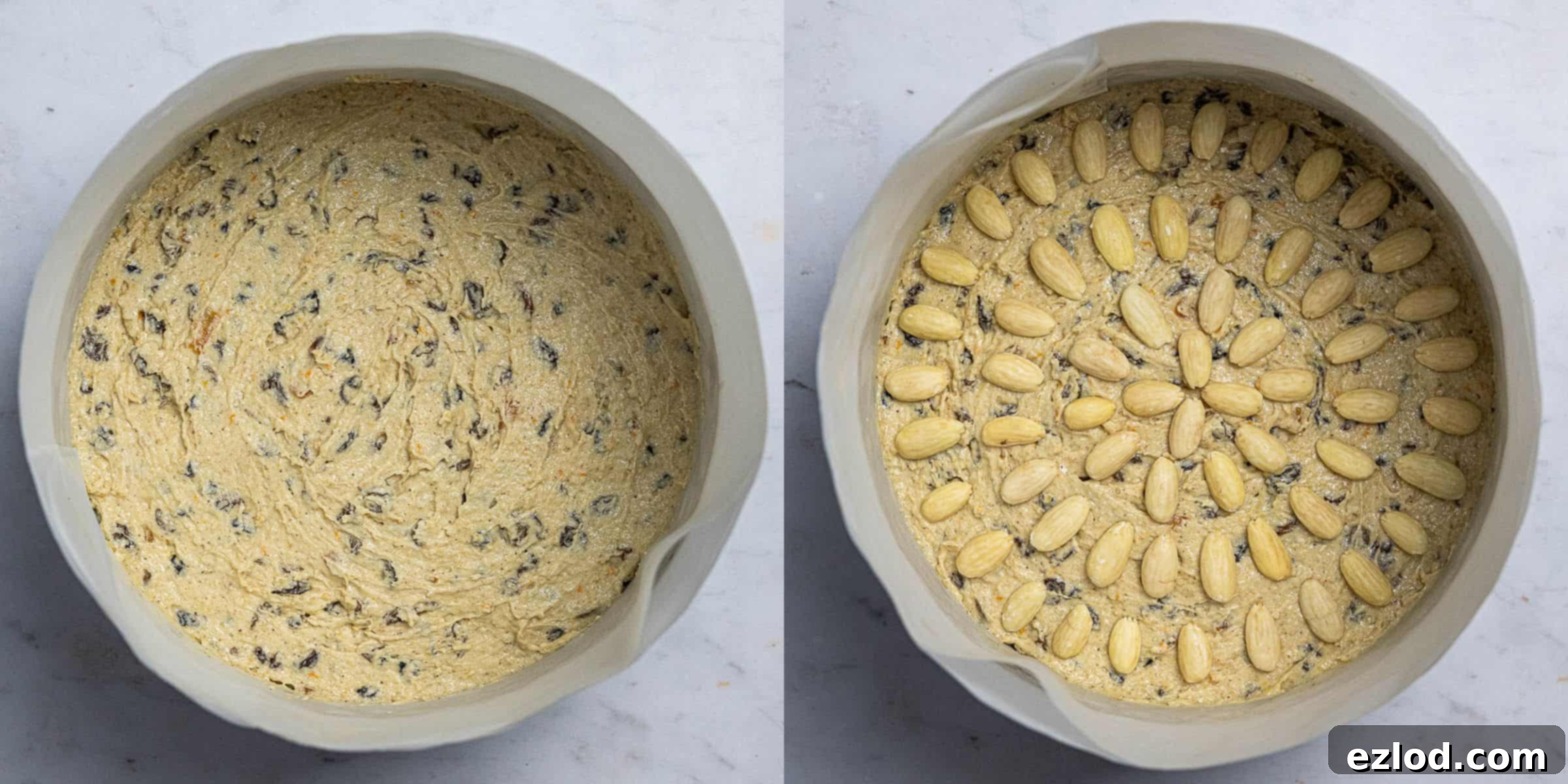 Plant-Based Dundee Cake 9 Step 5, a two image collage of transferring the batter to the tin and adding the blanched almonds.