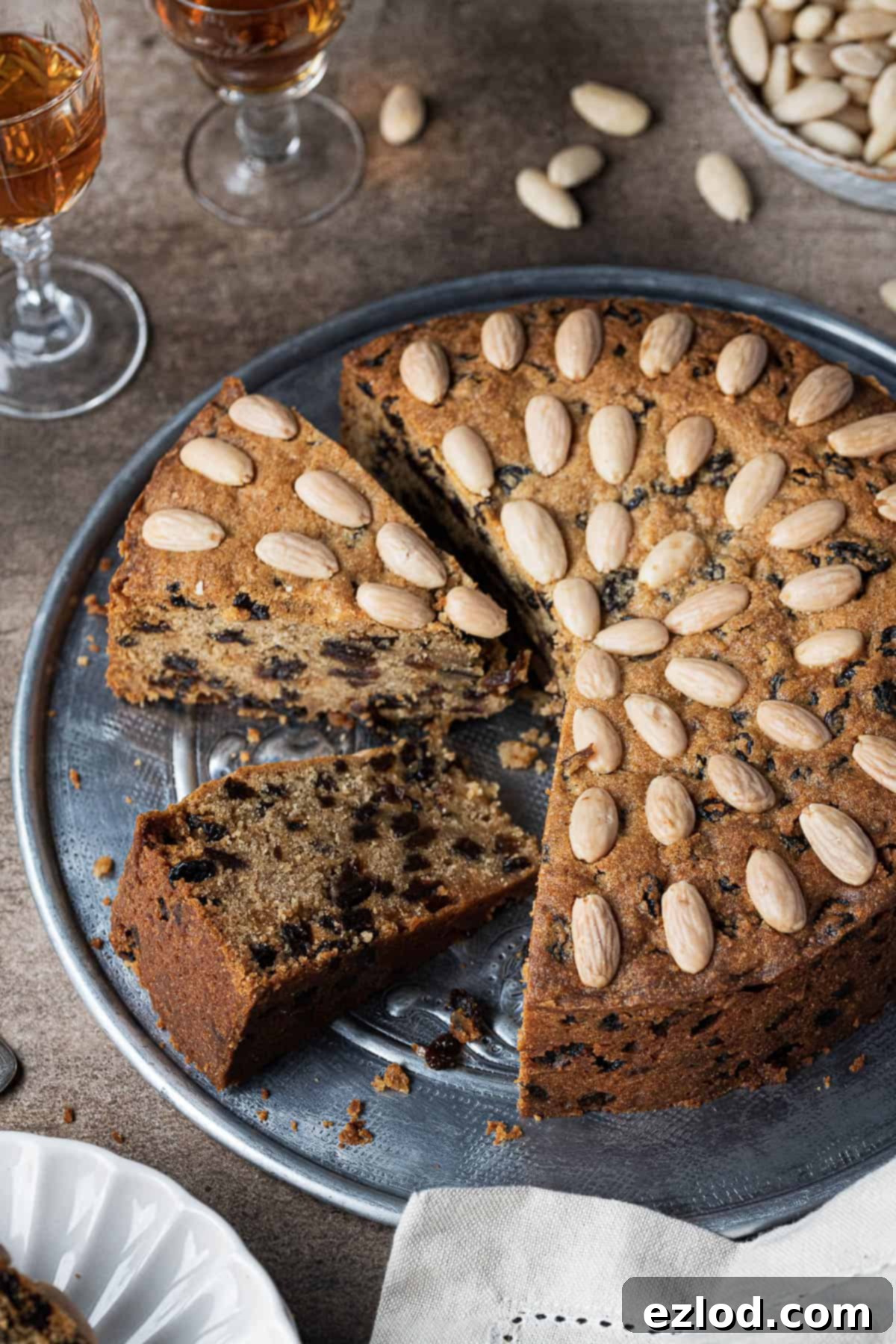 Plant-Based Dundee Cake 10 Side view of the sliced Dundee cake.