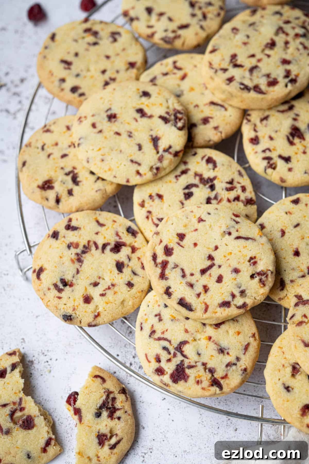 Vegan Zesty Cranberry Orange Shortbread 11 Close-up of golden-baked vegan cranberry orange shortbread cookies, fresh from the oven, showcasing their tender texture.