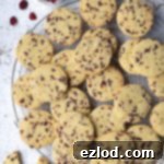 Vegan Zesty Cranberry Orange Shortbread 14 Delicious vegan cranberry orange shortbread cookies cooling on a wire rack, garnished with dried orange slices and cranberries.