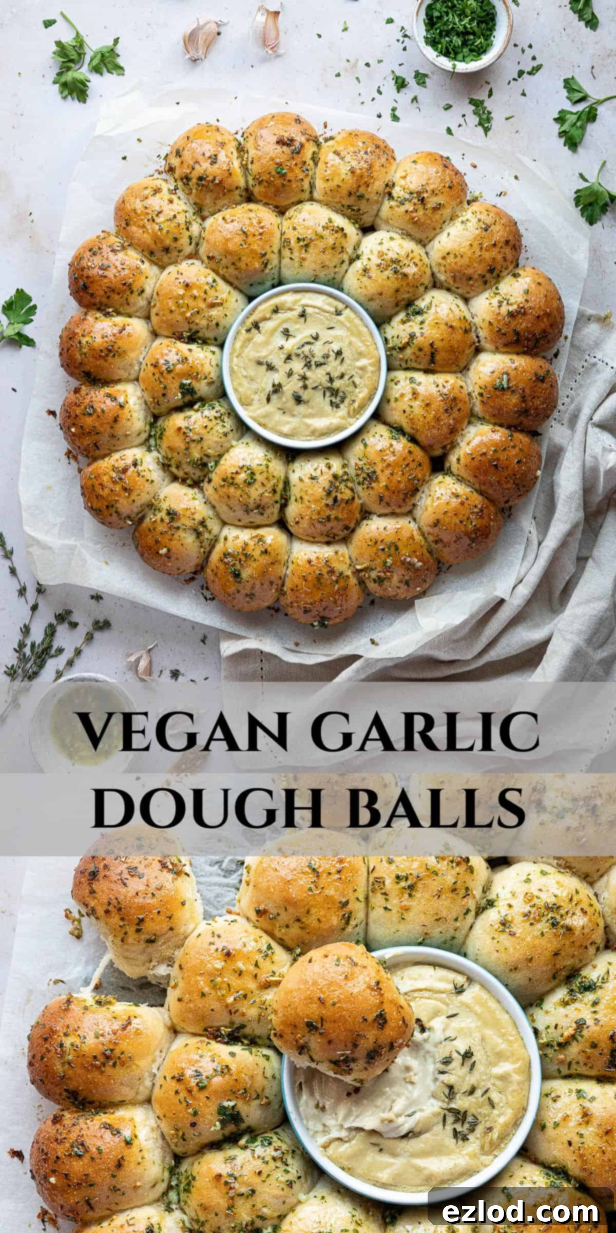 Pillowy Vegan Garlic Dough Balls 16 Pinterest collage image featuring multiple angles of the vegan garlic dough ball wreath with the cheesy dip.