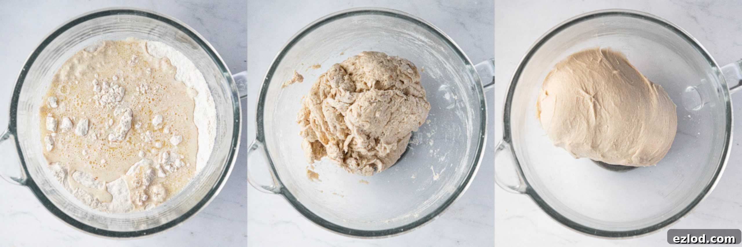 Pillowy Vegan Garlic Dough Balls 4 A three-image collage showing the process of mixing dough: dry ingredients in a bowl, wet ingredients being added, and the initial rough dough forming.
