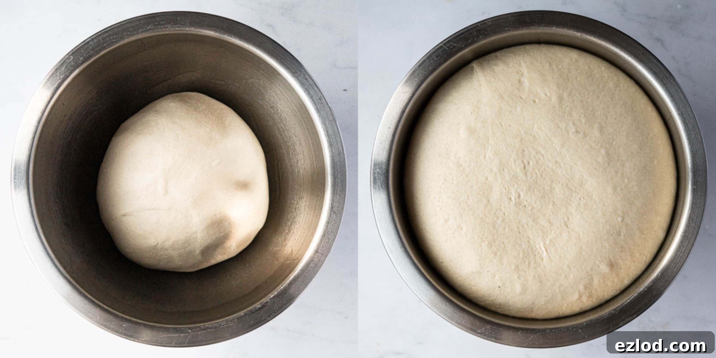 Pillowy Vegan Garlic Dough Balls 5 A two-image collage illustrating the dough before and after its first rise, showing a clear increase in volume.