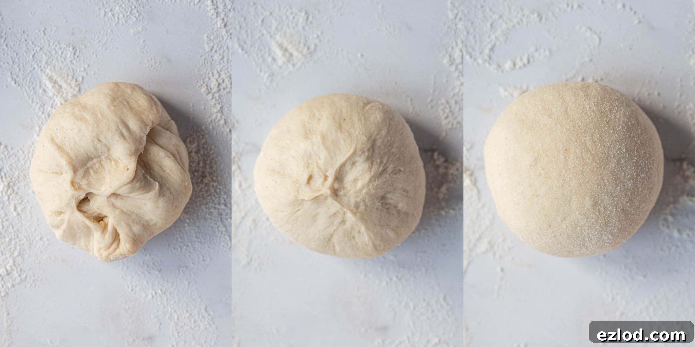Pillowy Vegan Garlic Dough Balls 7 A three-image collage demonstrating the technique for shaping dough balls: pinching edges together, flipping, and rolling to create a smooth sphere.