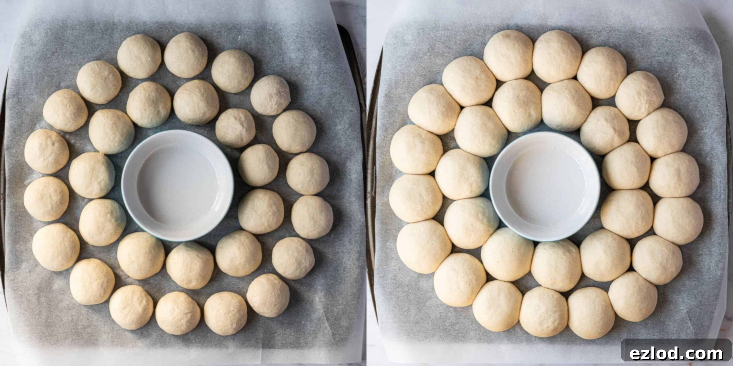 Pillowy Vegan Garlic Dough Balls 8 A two-image collage showing the arranged dough balls before and after their second rise, demonstrating their increased puffiness.