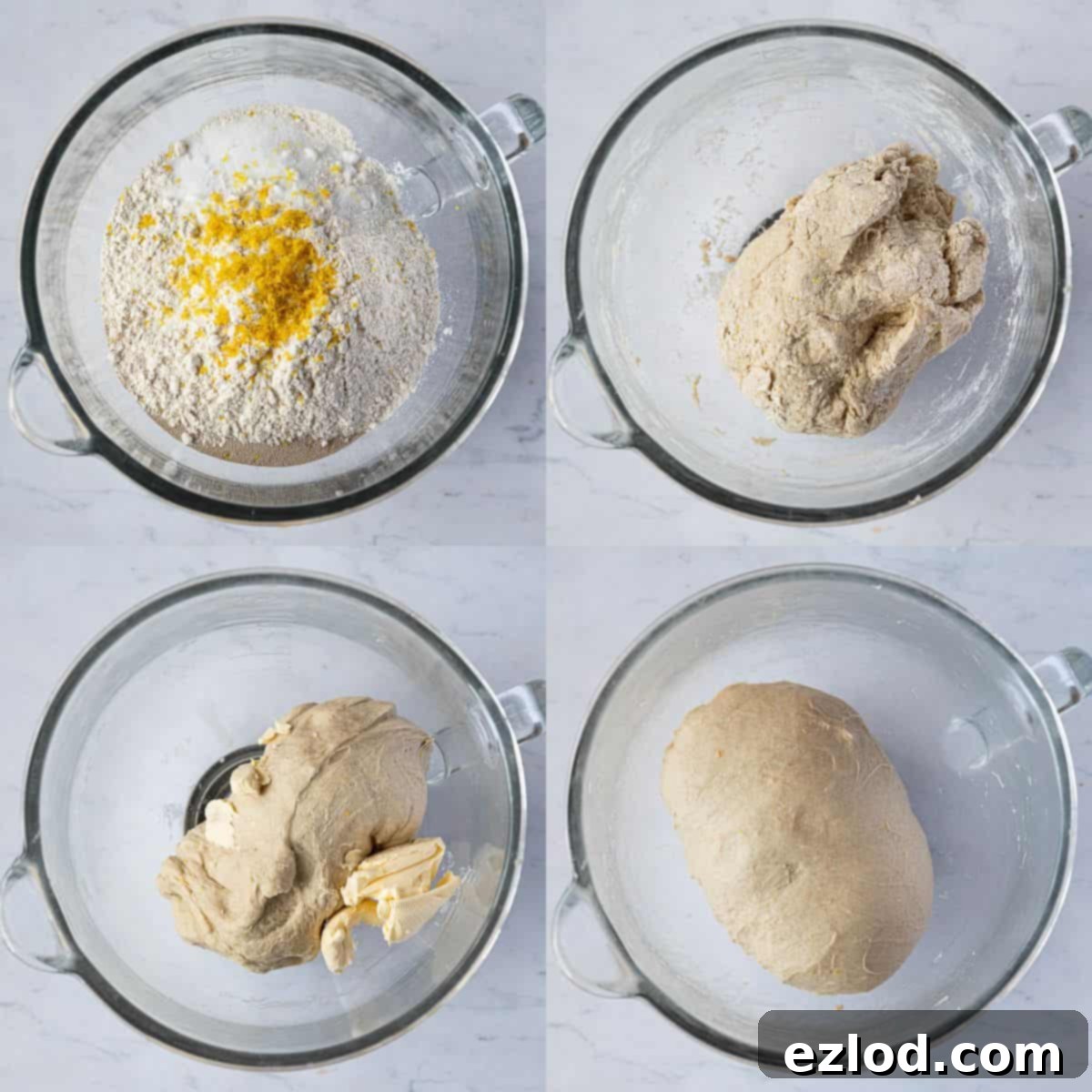 Plant-Based Belgian Delights 3 Step 1, a four image collage of making the dough.