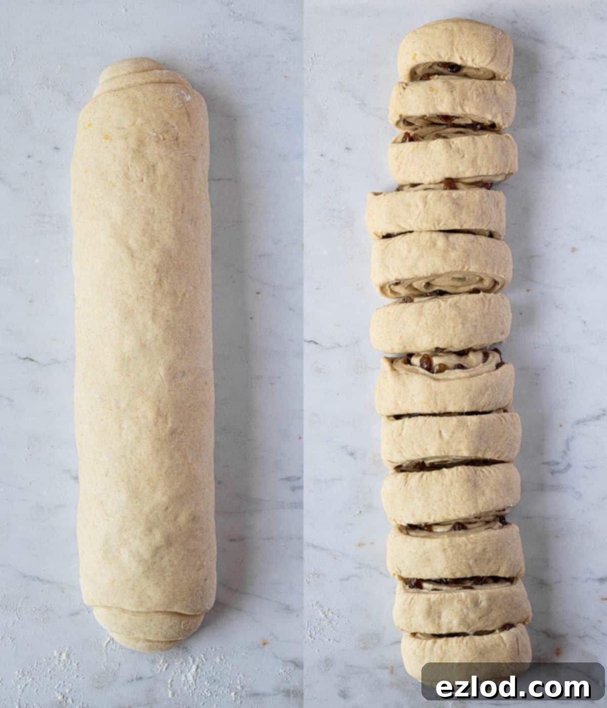 Plant-Based Belgian Delights 6 Step 4, a two image collage of the rolled up dough, and the log cut into slices.