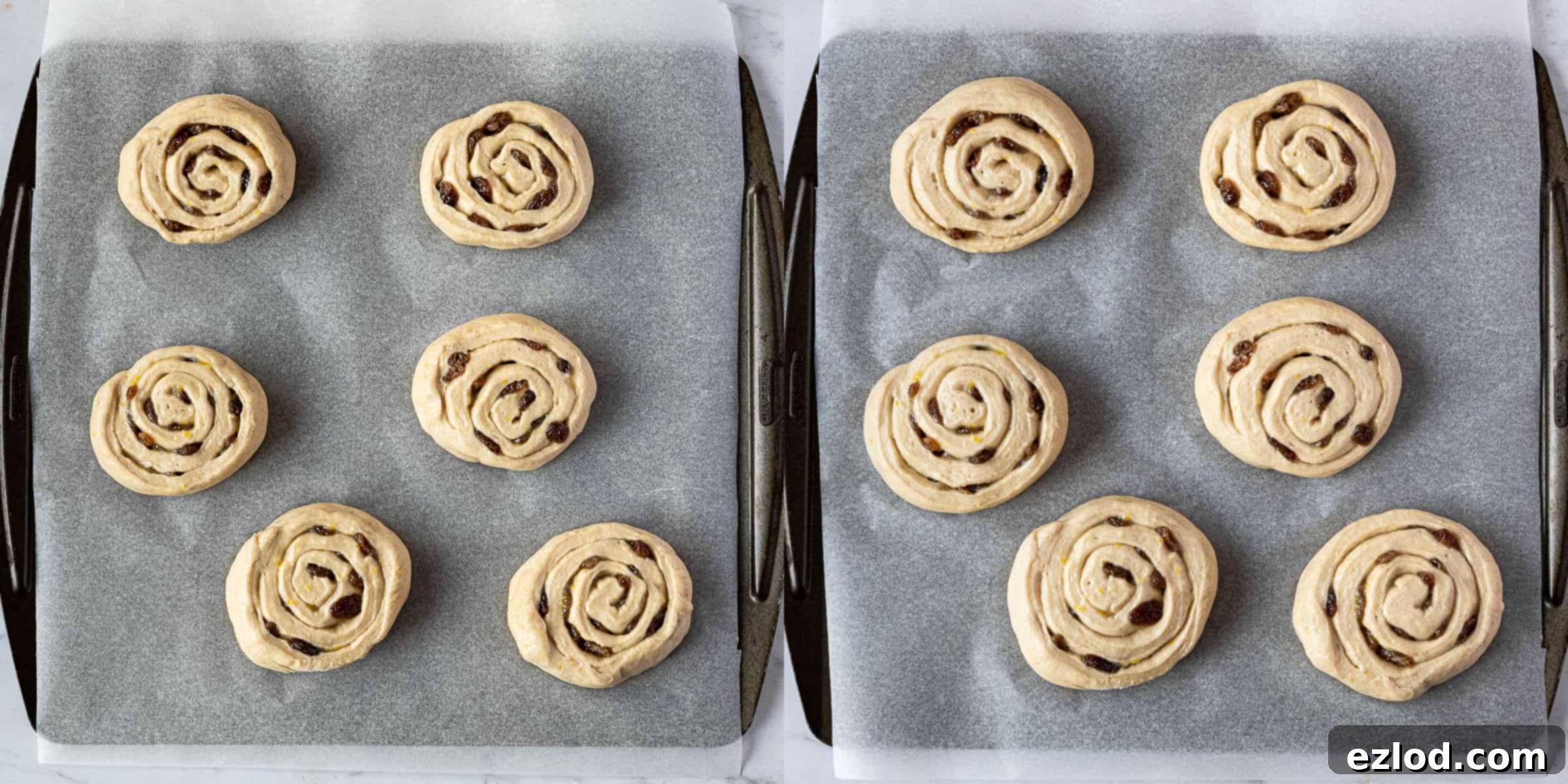 Plant-Based Belgian Delights 7 Step 5, a two image collage of the buns before and after rising.