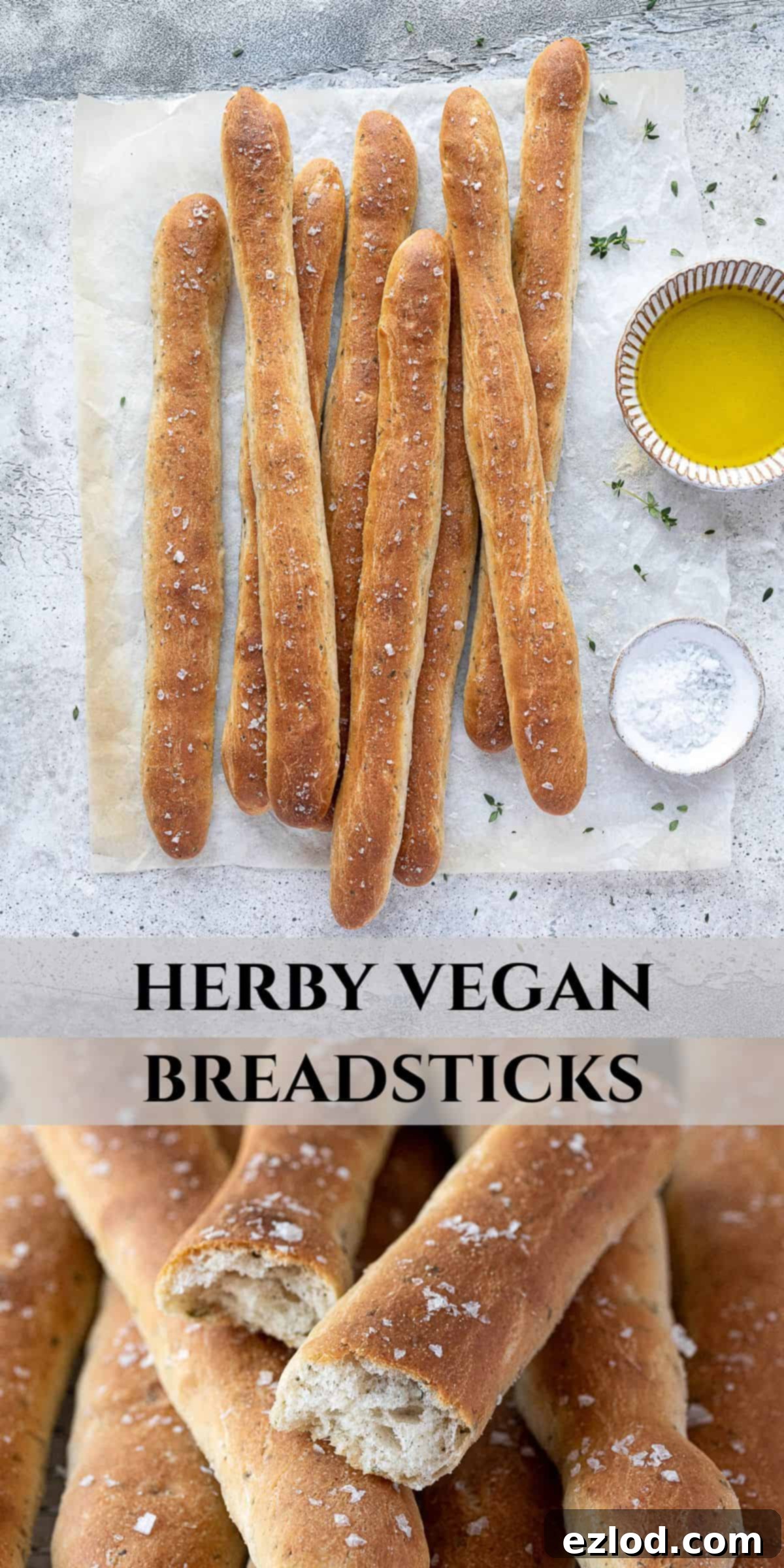 Aromatic Plant Sticks 13 A Pinterest collage image featuring herby vegan breadsticks in various stages of preparation and serving.