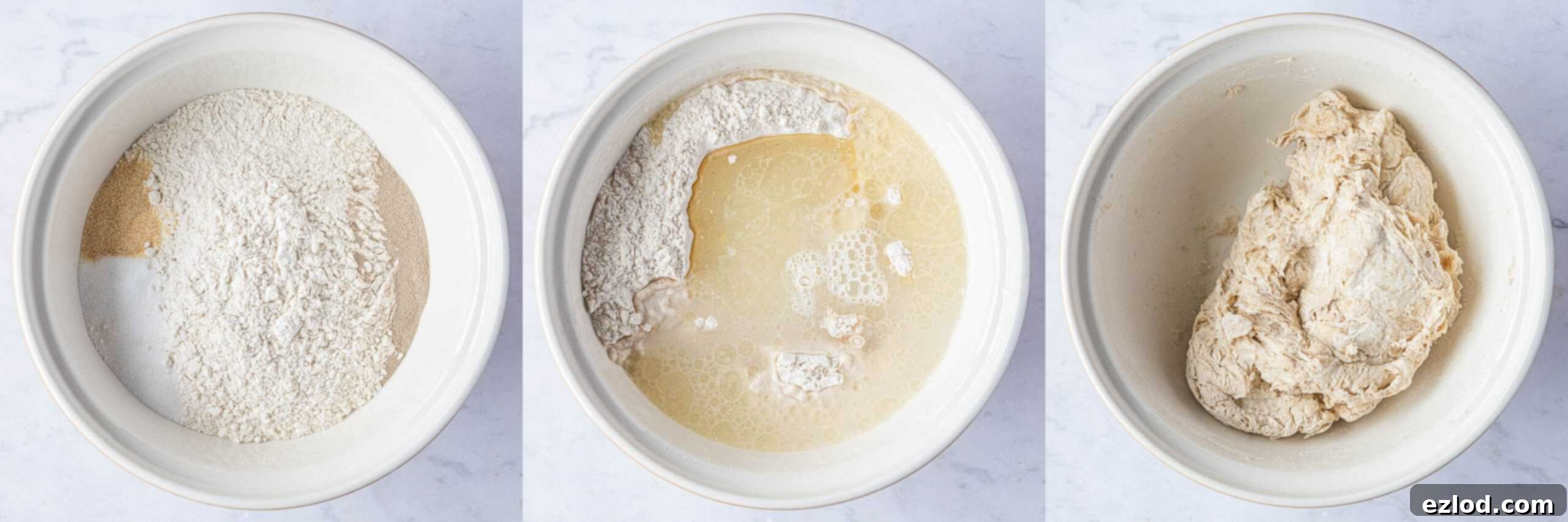 Aromatic Plant Sticks 4 A three-image collage depicting the initial stages of dough making: dry ingredients, wet ingredients added, and the rough dough forming.